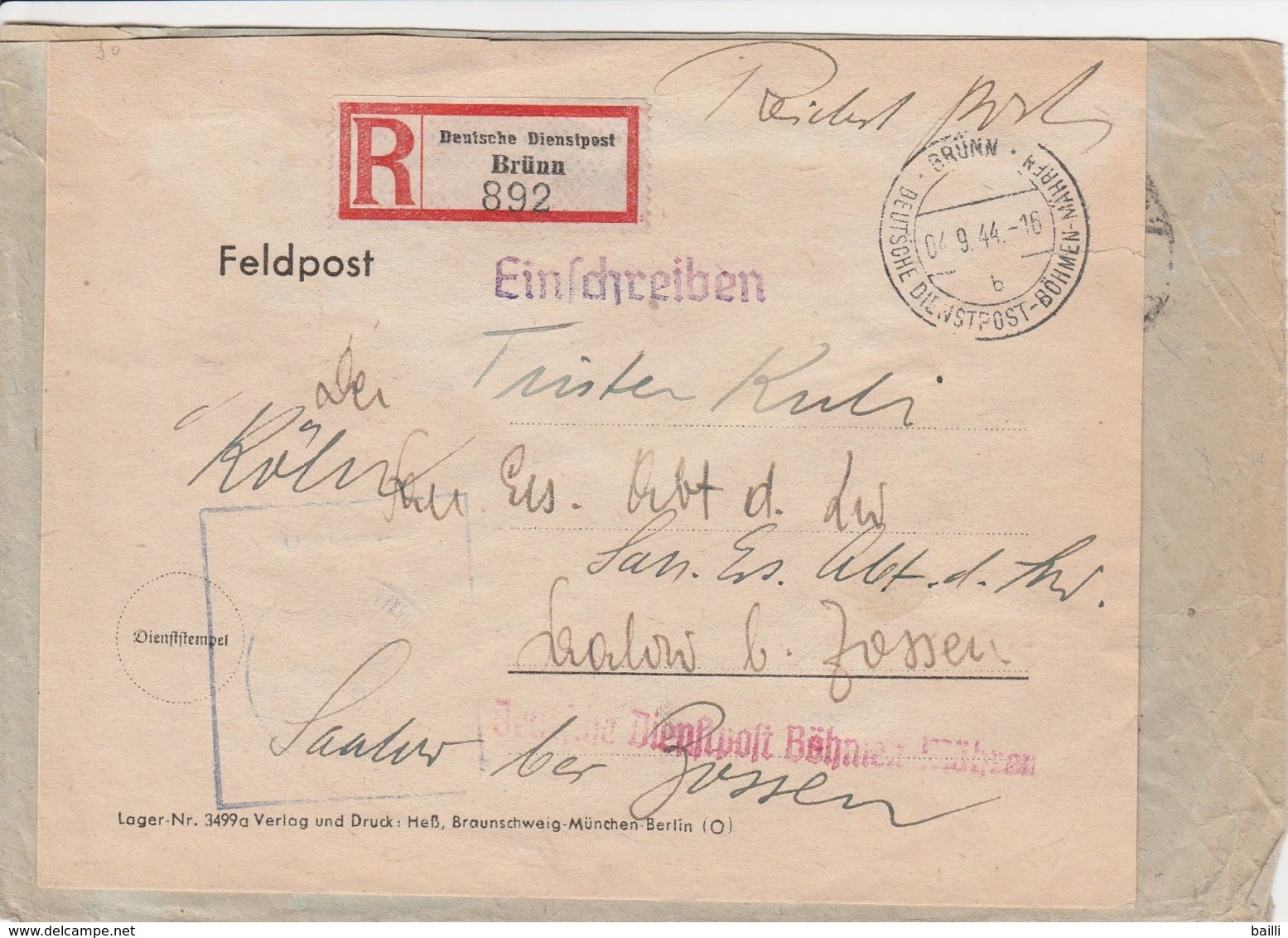 Bohême Et Moravie Lettre Recommandée Feldpost Brünn 1944 - Lettres & Documents