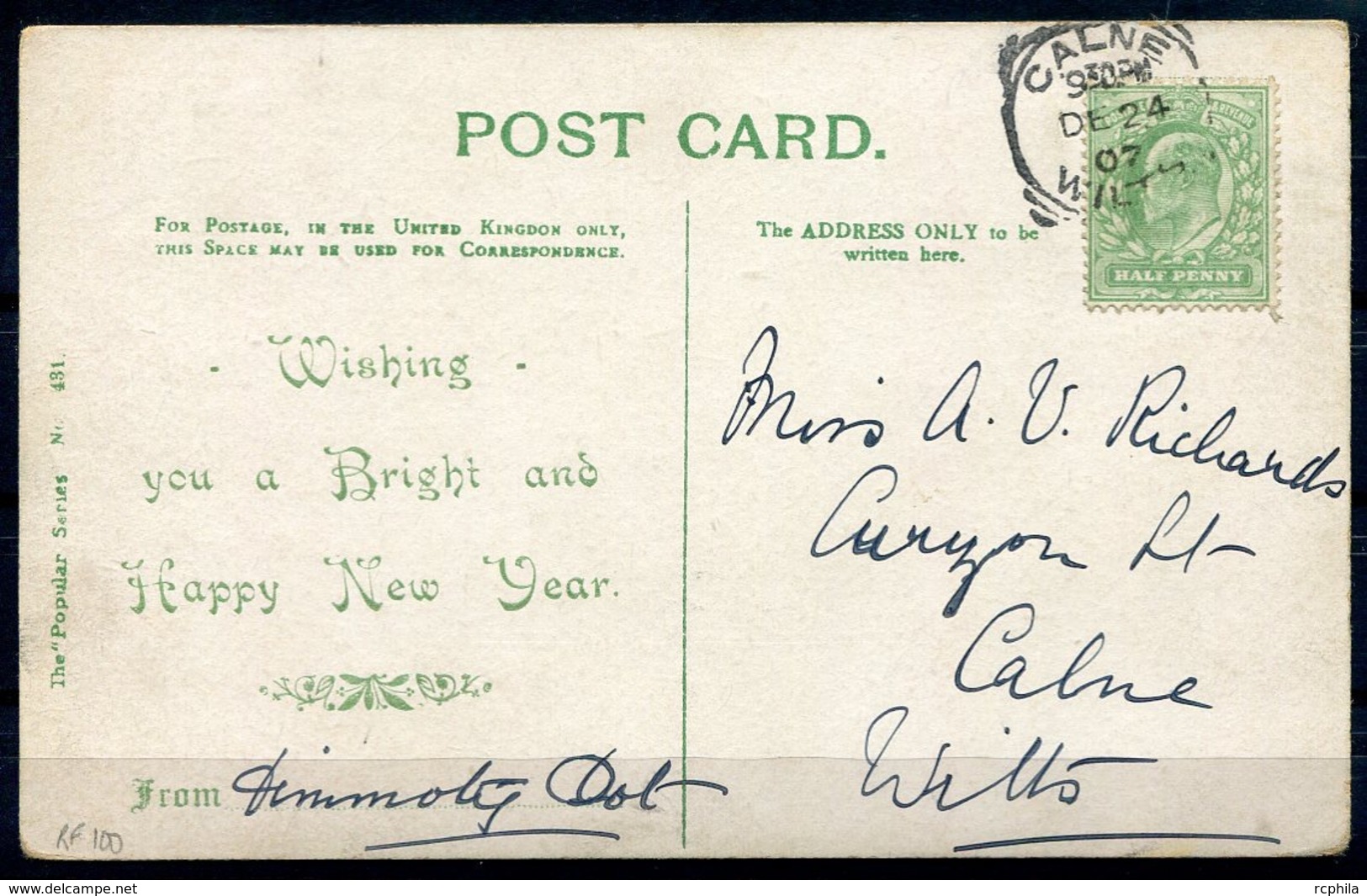 RC 14563 GB SQUARED CIRCLE " CALNE / WILTS " DE 24 1907 POSTMARK ON POST CARD VF - Marcofilie