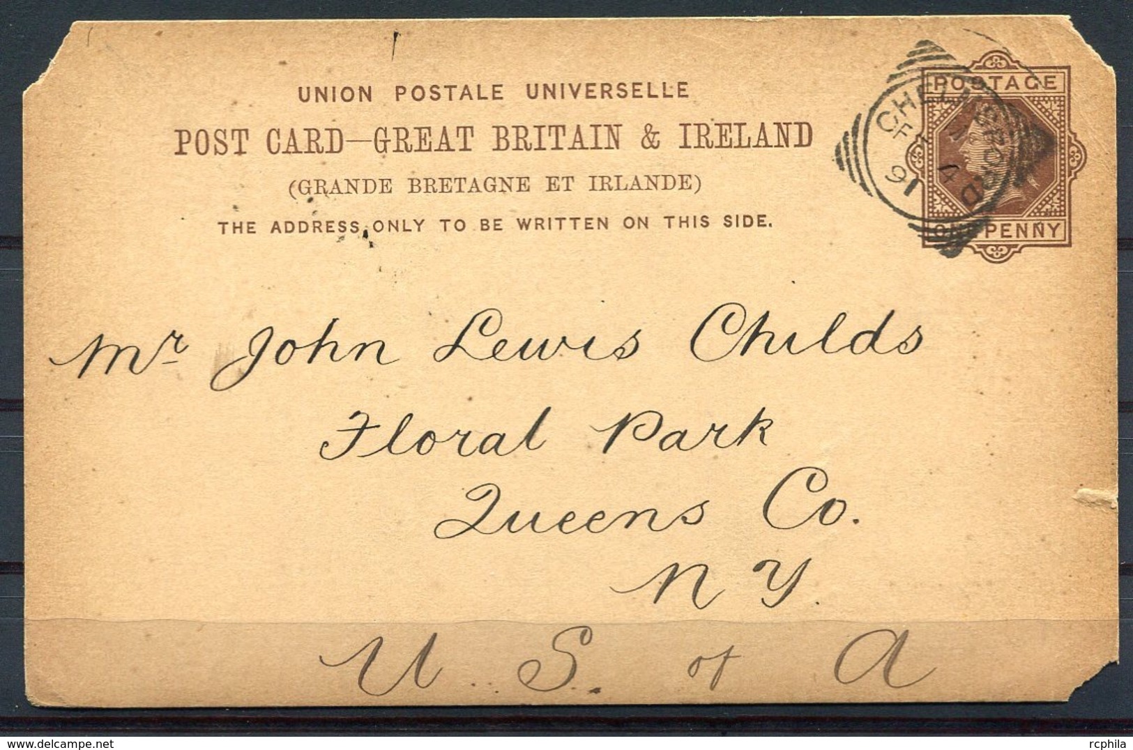 RC 14564 GB SQUARED CIRCLE " CHELMSFORD " FE 4 1891 POSTMARK ON POSTAL STATIONERY VF - Postmark Collection