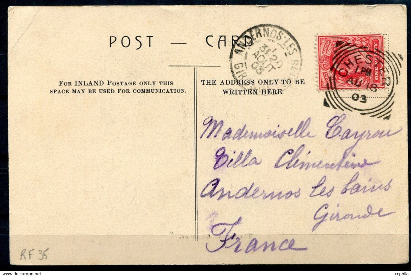 RC 14568 GB SQUARED CIRCLE " CHESTER " AU 18 1903 POSTMARK ON POST CARD VF - Marcophilie