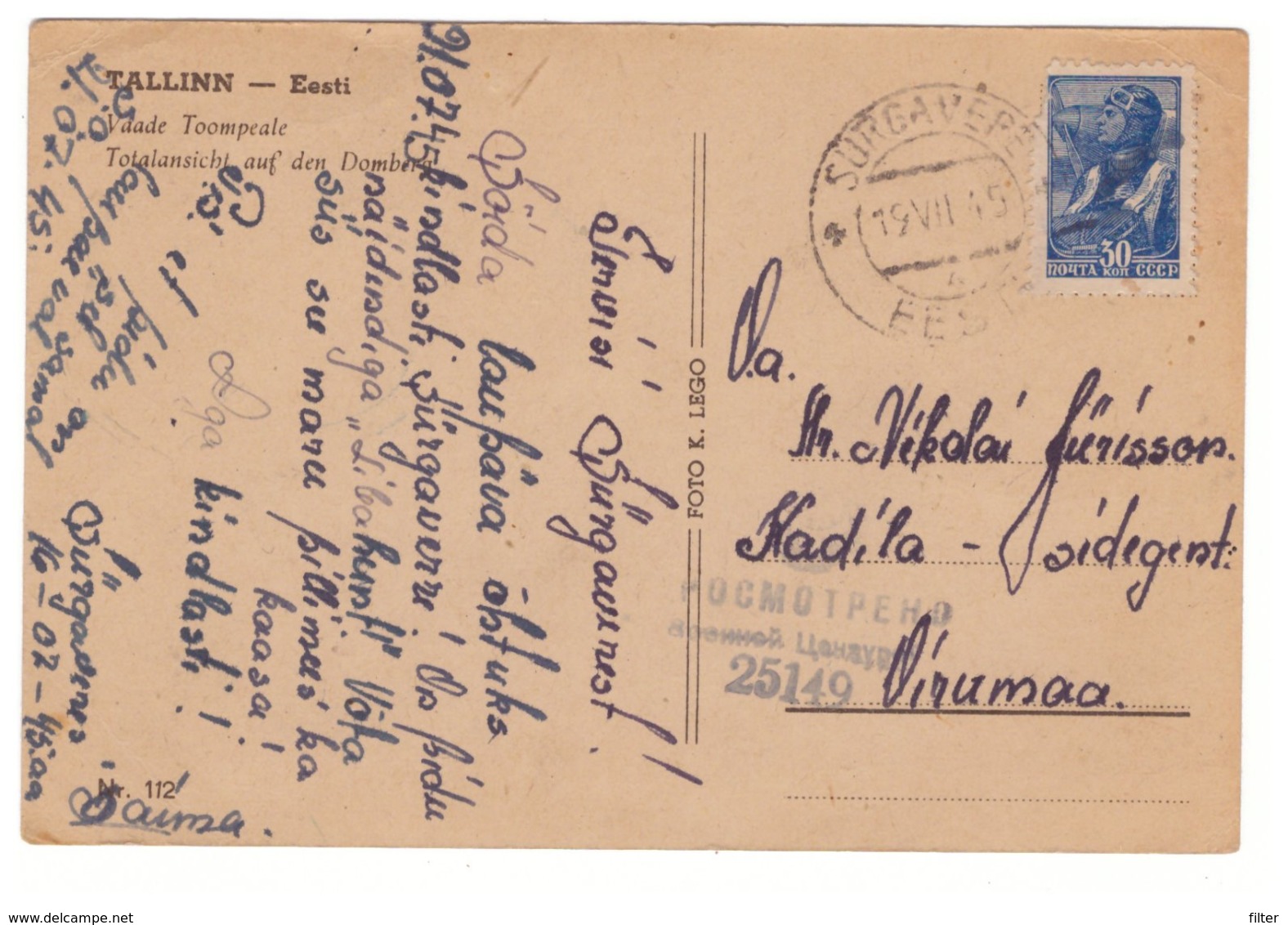 Russia,Estonia,Soviet Censor Cachet On PC,Sürgavere 1945 - Covers & Documents