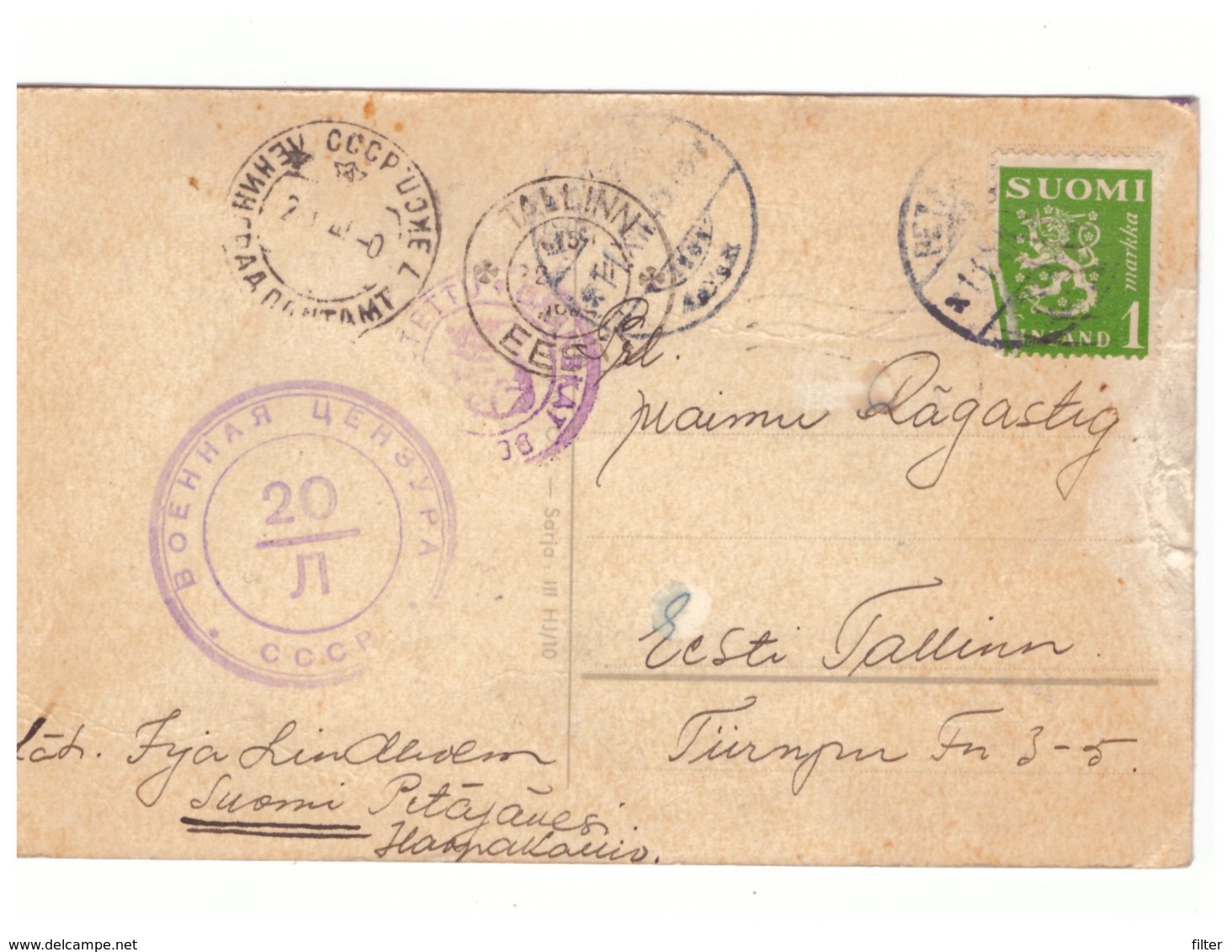 PC Finland To Estonia,Soviet Censor Cachet 1940 - Lettres & Documents