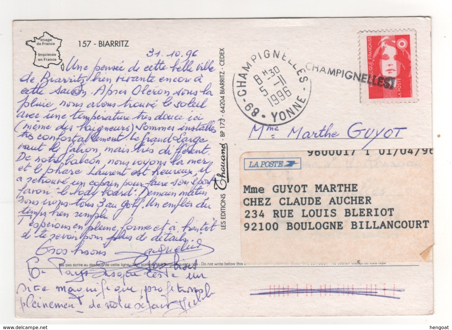 Griffe Linéaire " Champignelles Sur Carte Postale Du 05/11/1996 De Biarritz - Lettres & Documents