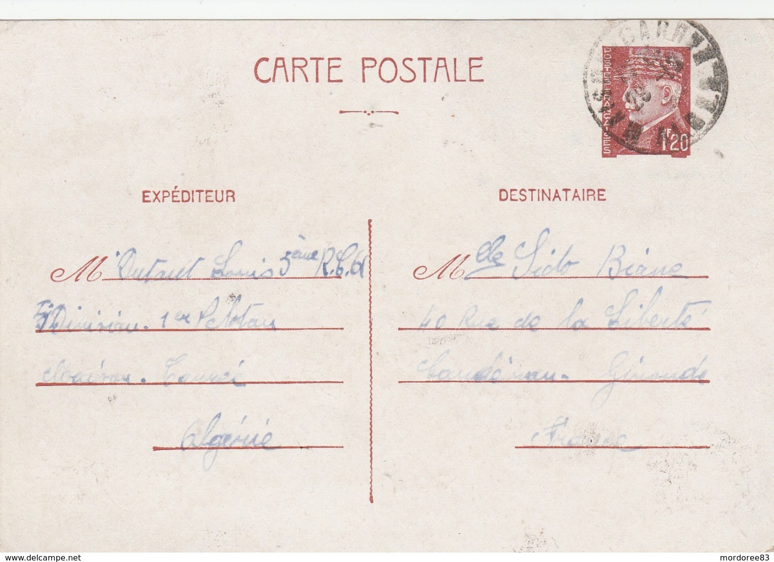 ENTIER PETAIN 1F20 MAISON CARREE ALGERIE 28/10/42 - REGIMENT D AFRIQUE - POUR CAUDERAN GIRONDE - Cartes Postales Types Et TSC (avant 1995)