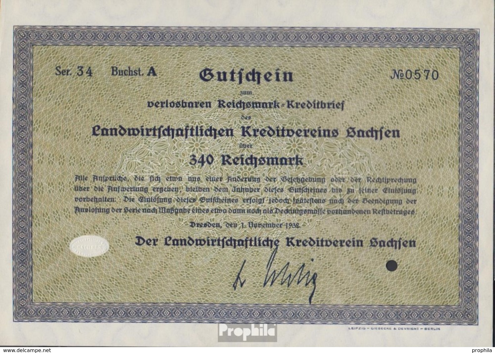 Deutsches Reich 340 Reichsmark, Gutschein Sehr Schön 1932 Landwirts. Kreditverein Sachsen - Altri & Non Classificati