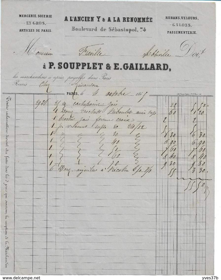 Facture 1865 "P. Soupplet & Gaillard" Mercerie, Rubans Et Velours - TTB - Textile & Vestimentaire