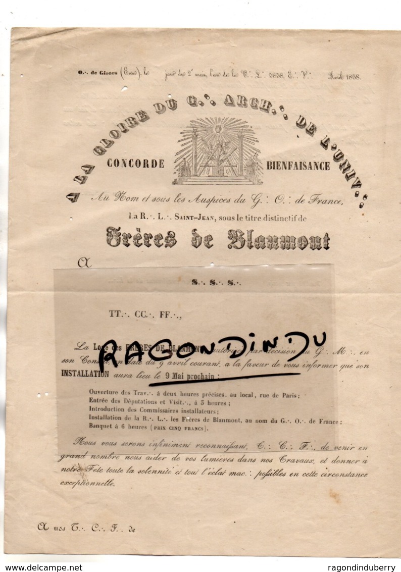 27 - GISORS - FRANC-MACONNERIE - FRERES DE BLANMONT Doc De 1858 Pour Info De L'inst  De La LOGE - CACHET RARE - Unclassified