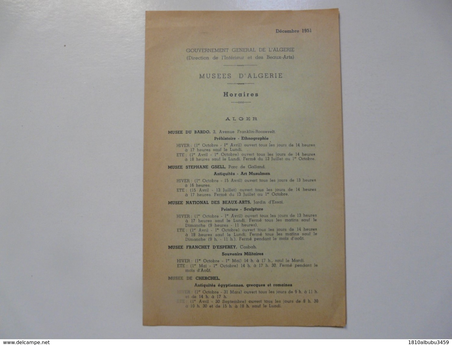 VIEUX PAPIERS - HORAIRES : Musées D'Algerie - Monde