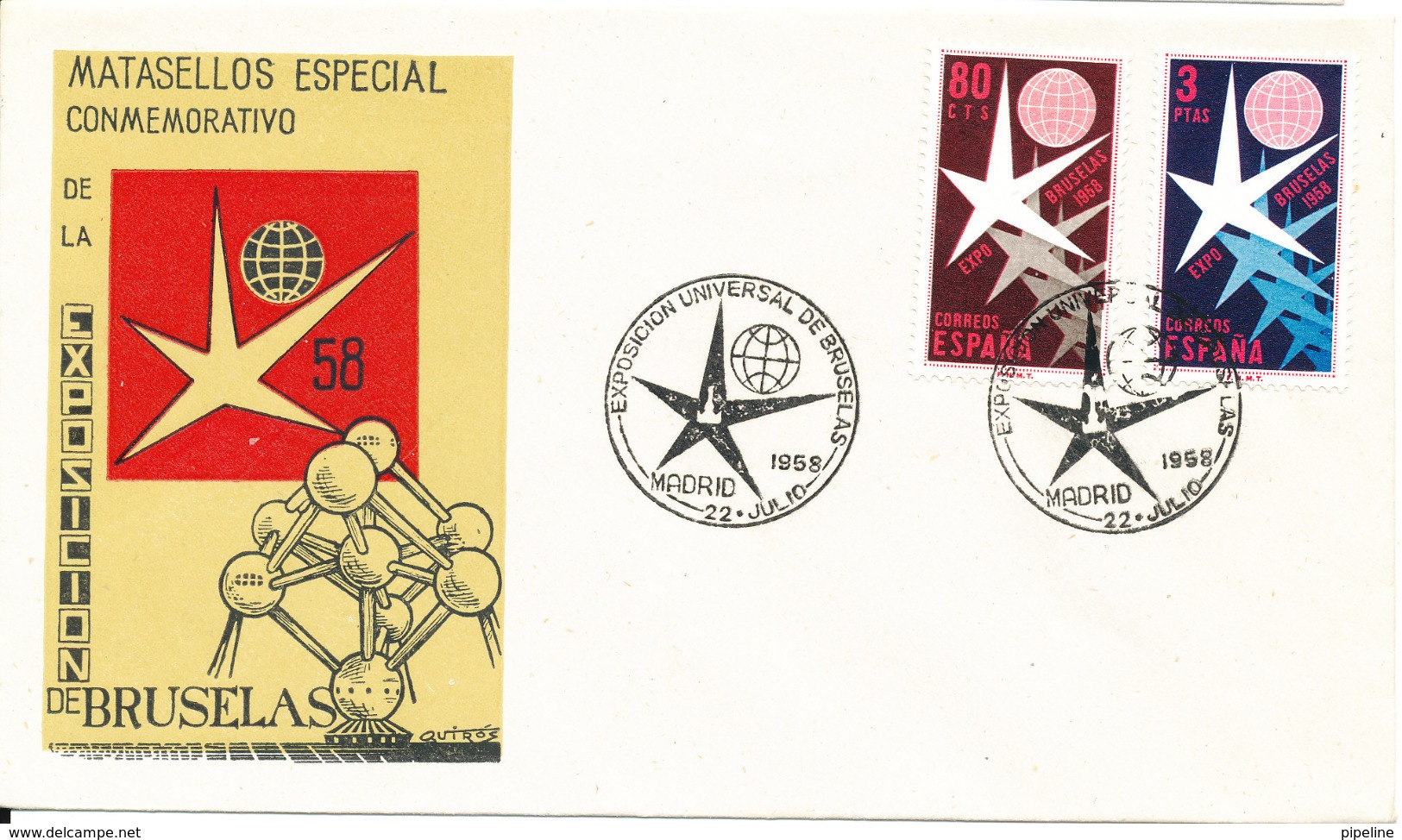 Spain Cover Madrid 22-7-1958 Expo 58 Brüssel Complete Set Of 2 With Cachet - Lettres & Documents