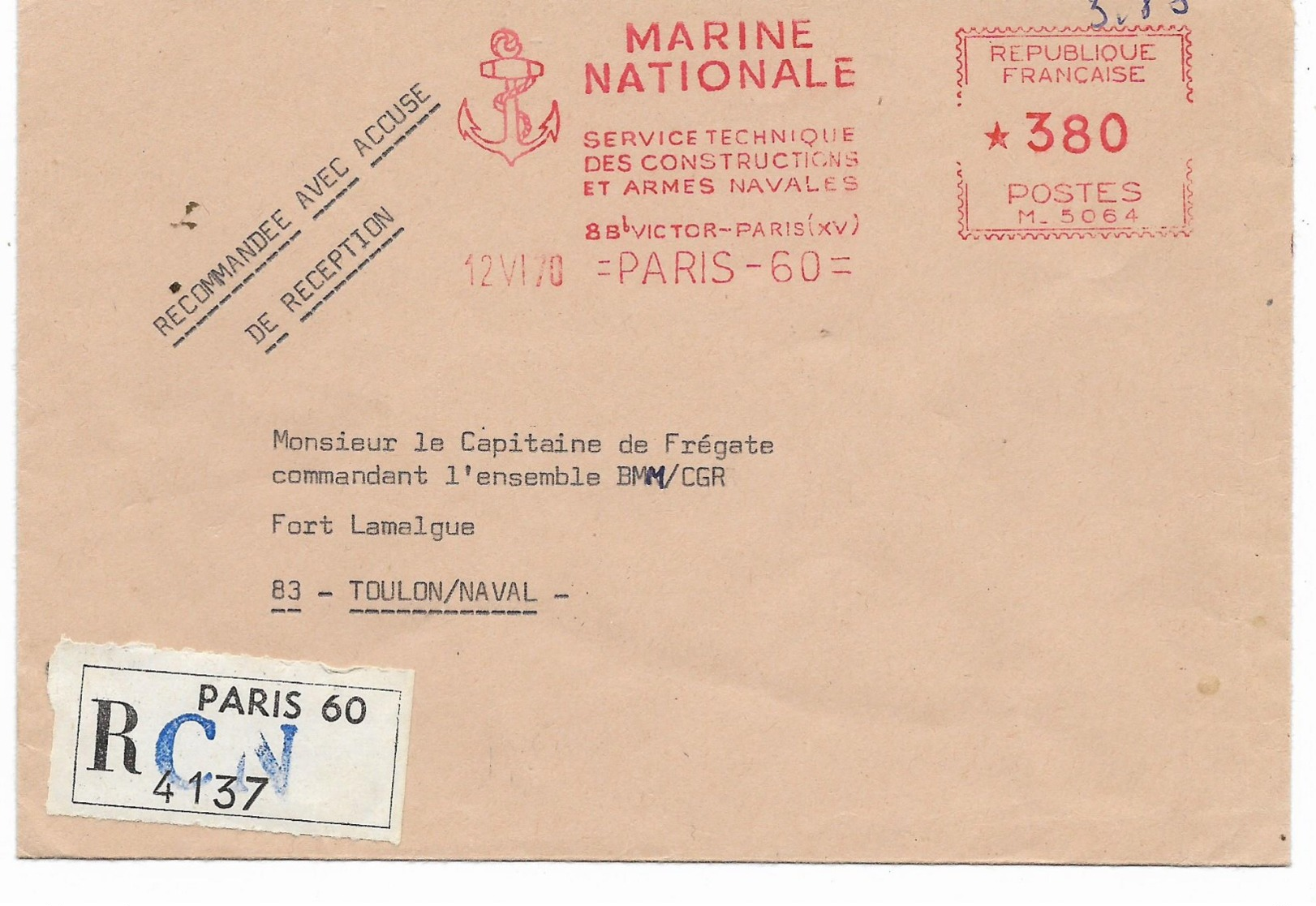 PARIS S.T.D.C.A.N.-12 VI 70  -  D.C.A.N.- EMA ILLUSTREE   ROUGE 380F   -lettre REC.  A.R.   Voir 2 Scans - Posta Marittima