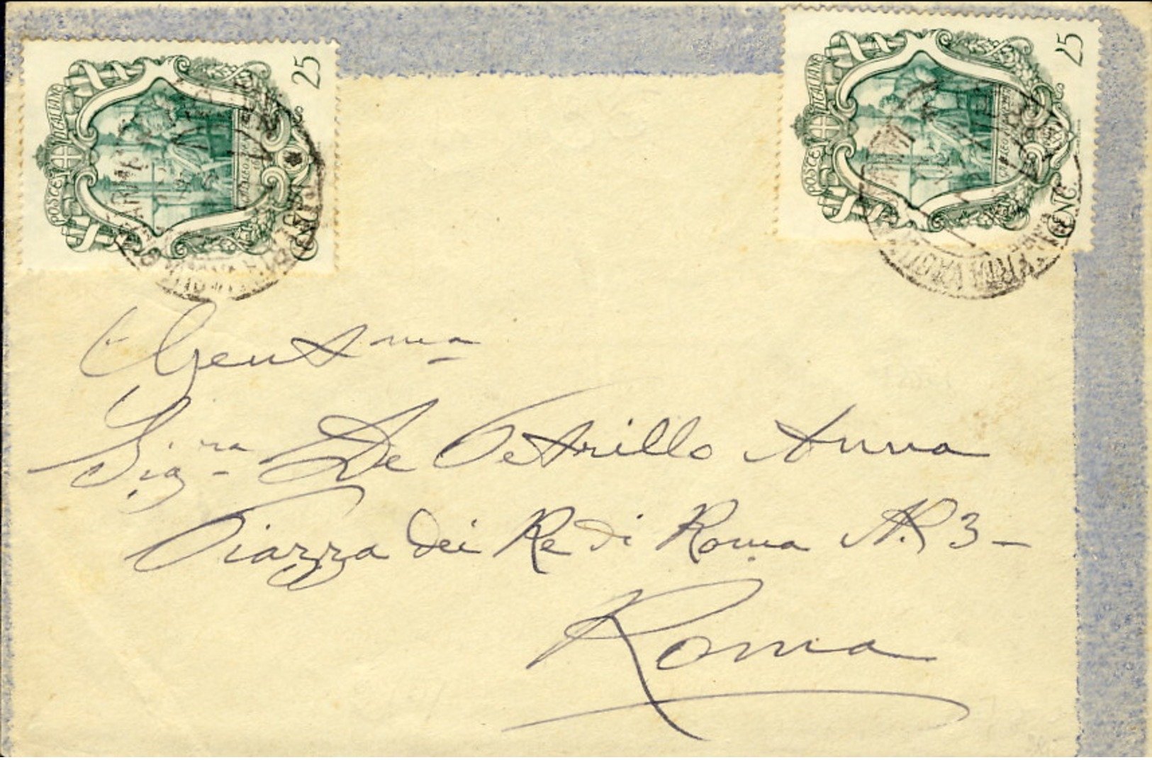 1943- Busta Affrancata Con Due Esemplari Del 25c.verde Galileo Galilei - Storia Postale