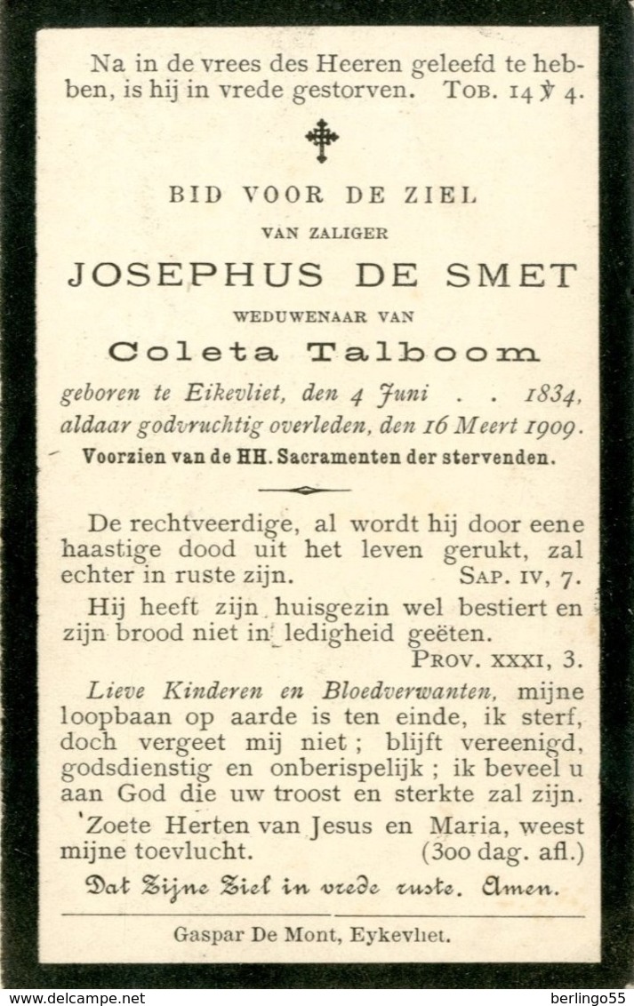 Dp. De Smet Josephus. Wed. Talboom Coleta. ° Eikevliet 1834 † Eikevliet 1909 - Religion & Esotérisme