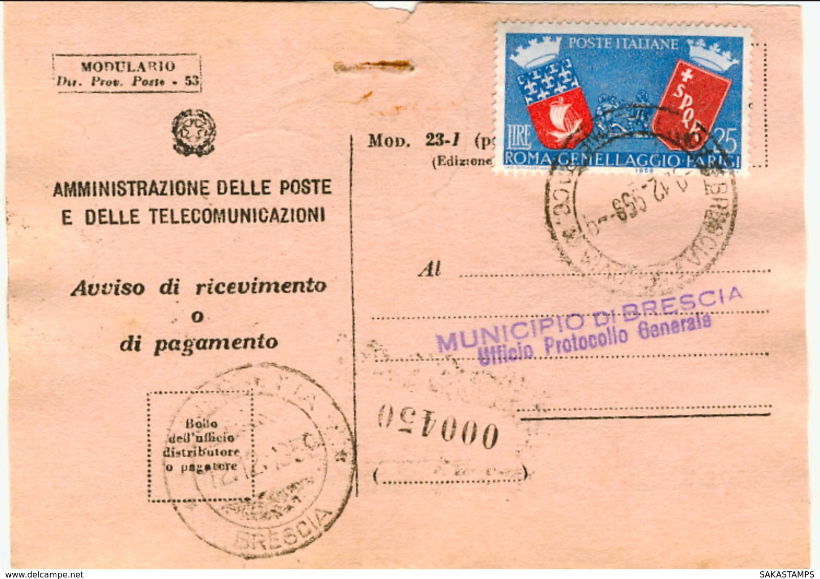 1959-avviso Di Ricevimento Affrancato L.25 Gemellaggio Roma Parigi Cat.Sassone Euro 20 - 1946-60: Storia Postale