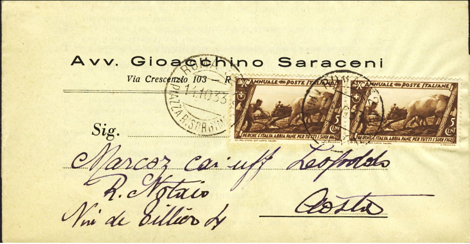 1933- Piego A Stampa Affr. Coppia 5c.Decennale Cat.Sassone Euro 60 - Marcophilia