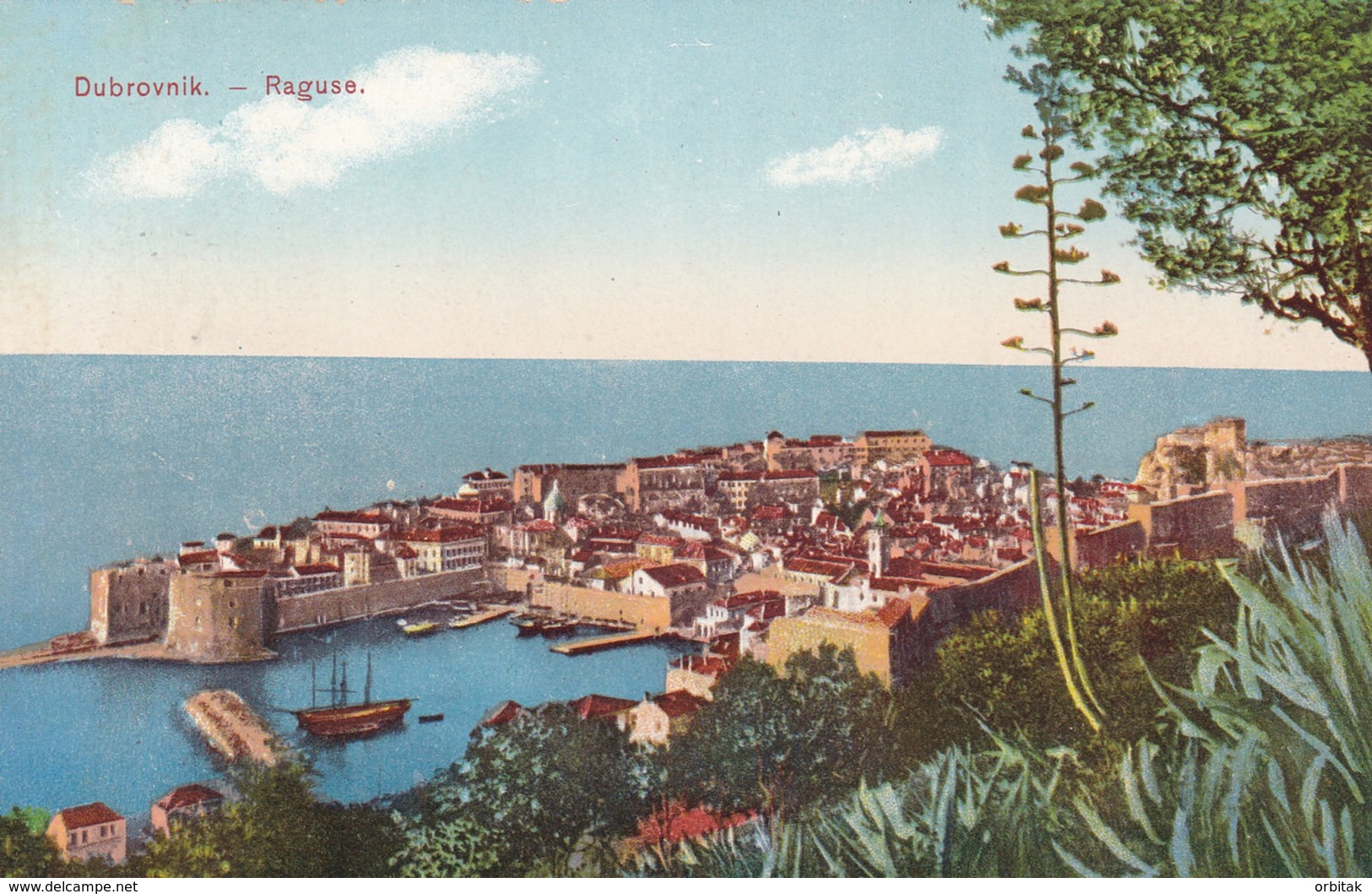 Dubrovnik (Ragusa) * Hafen, Segelboot, Schiffe, Festung, Stadt, Kaktus * Kroatien * AK2045 - Kroatien