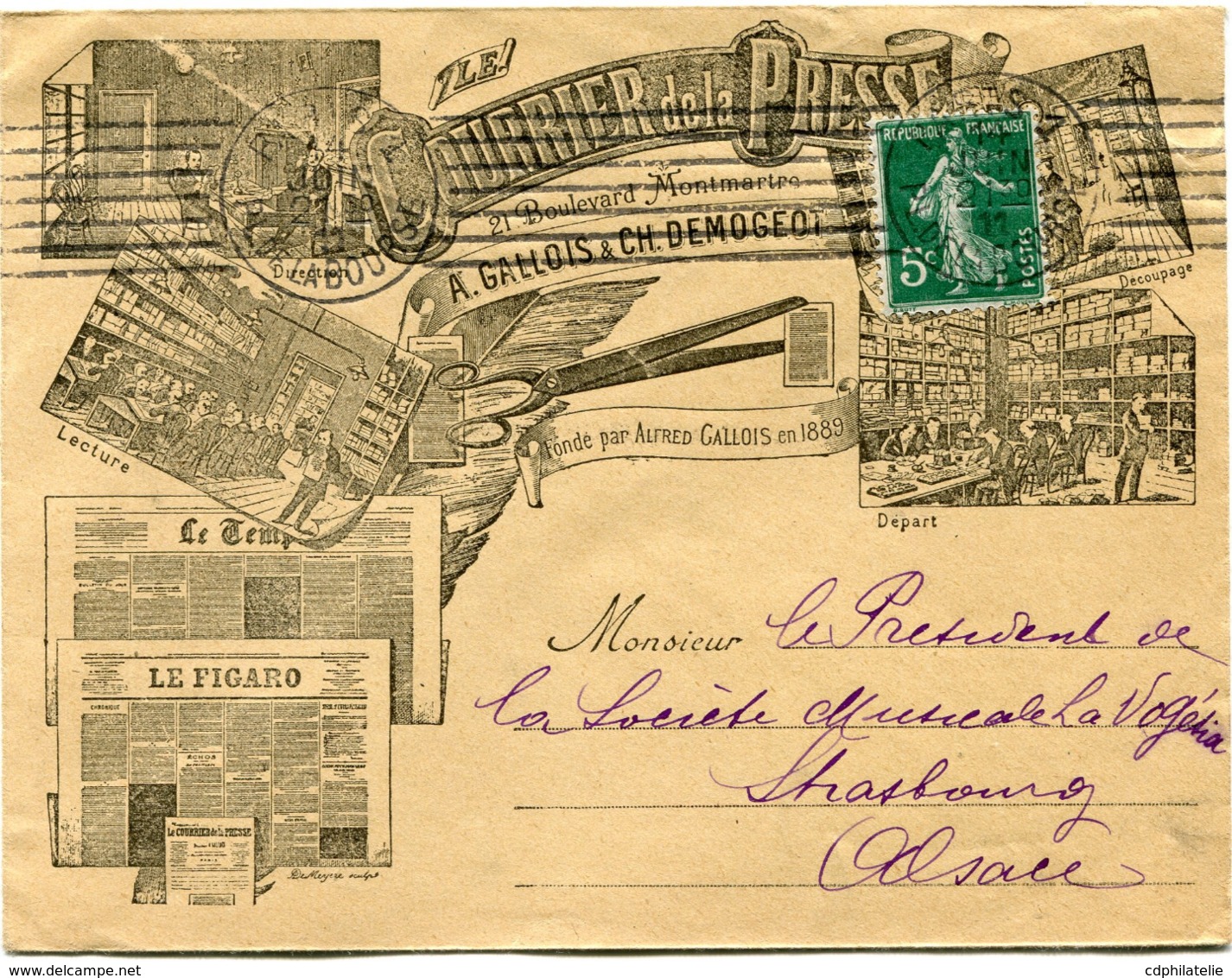 FRANCE ENVELOPPE ILLUSTREE " LE COURRIER DE LA PRESSE " DEPART PARIS 14 JUIN 12 POUR LA FRANCE - 1906-38 Säerin, Untergrund Glatt