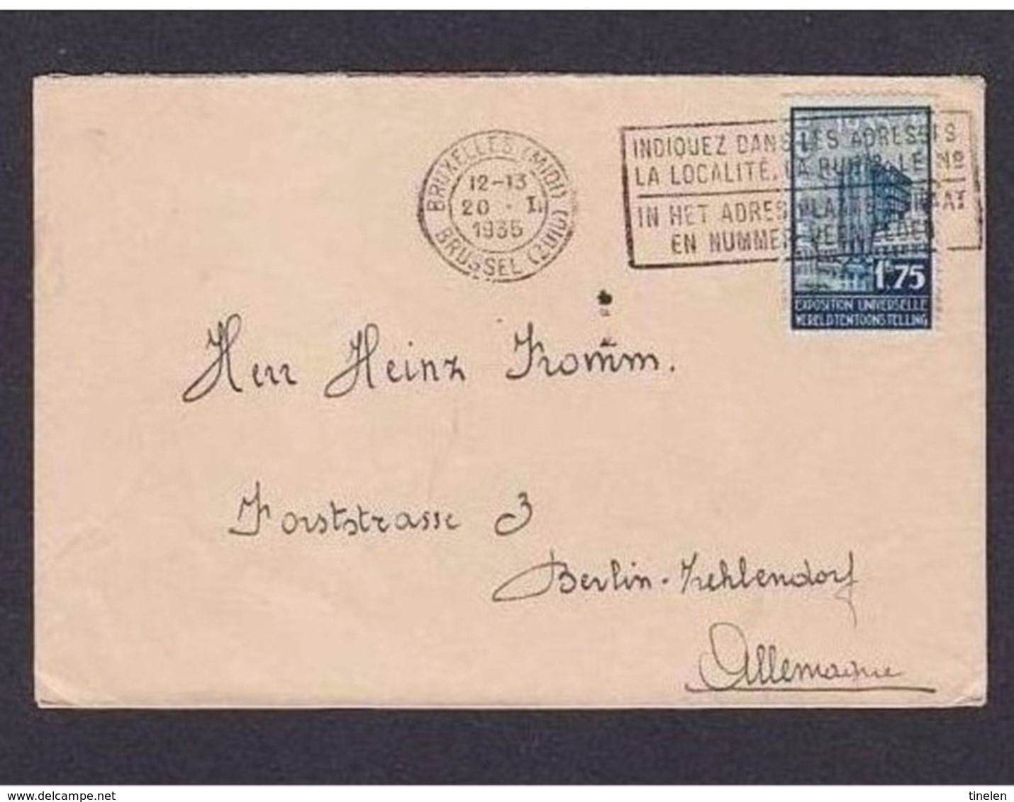 BELGIO -   1935 LETTERA SPEDITA IN GERMANIA CON VALORE FR 1.75 PROPAGANDA EXPO UNIV.  (SERIE DEL 1934) - 1935 – Bruselas (Bélgica)