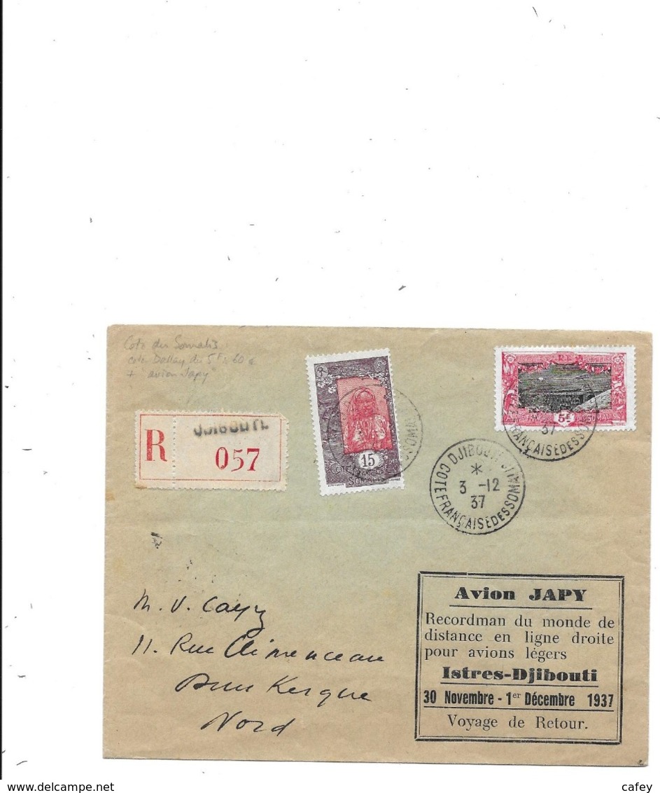 Lettre Recommandée DJIBOUTI COTE FR SOMALIS 1937 AVION JAPY - 1960-.... Lettres & Documents