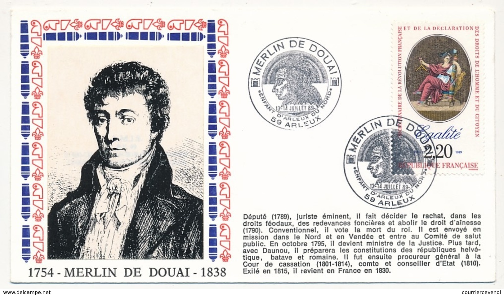 Enveloppe - Cachet Temporaire "MERLIN DE DOUAI" (Député En 1789) - 59 ARLEUX - 13-14 Juillet 1989 - Franz. Revolution