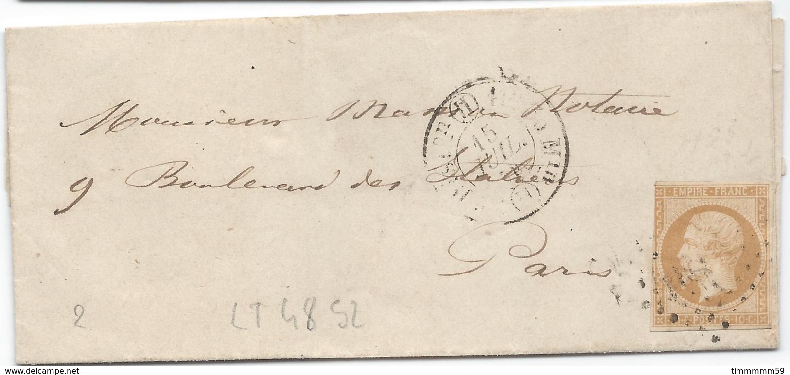 LT4852 N°13A/Lettre Sans Courrier, Oblit Losange De PARIS Pour PARIS Du 15 Juil 1858 - 1853-1860 Napoléon III