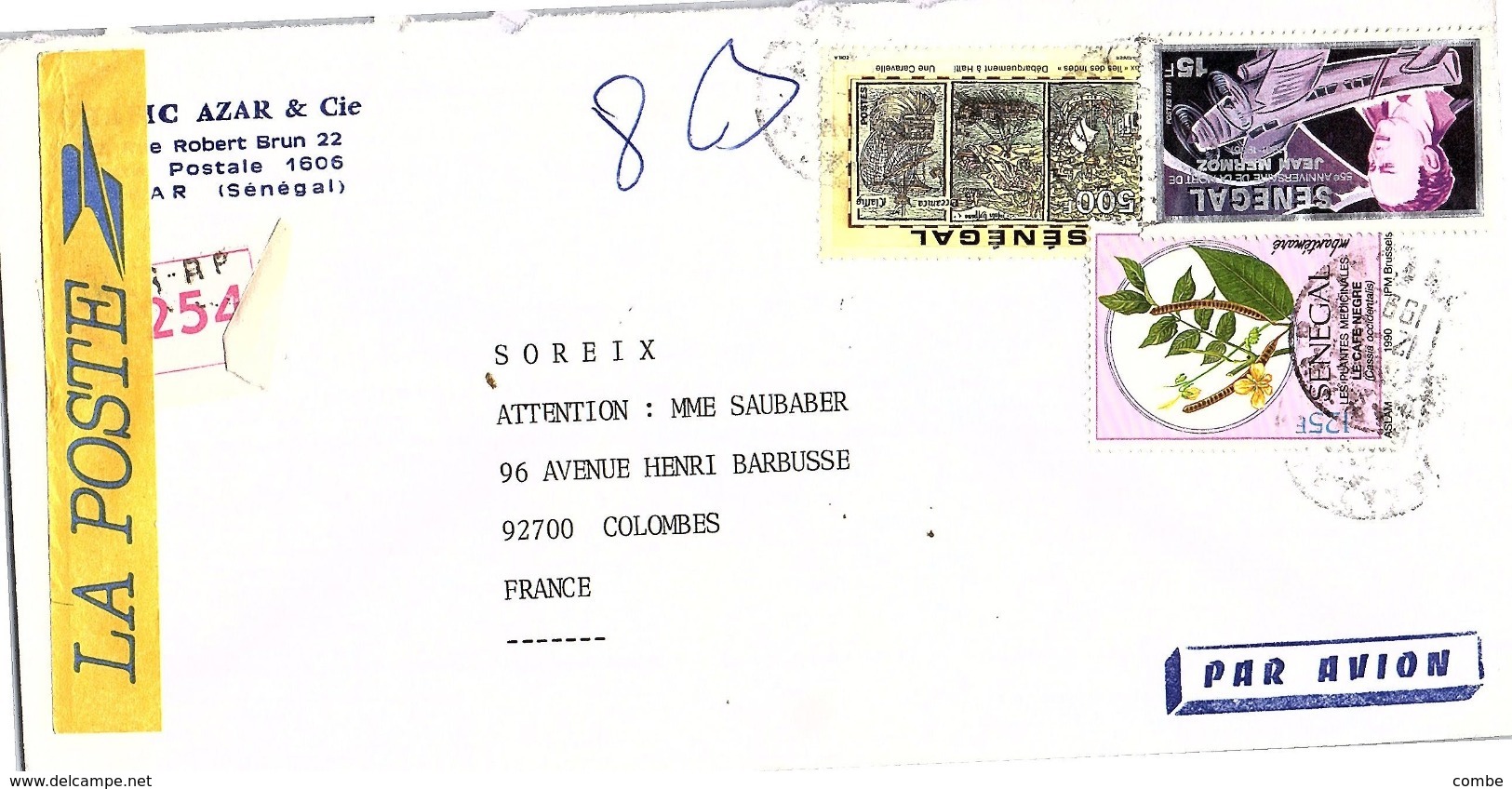 LETTRE. COVER. SENEGAL. CAFE + MERMOZ + HAITI. 640F REGISTERED DAKAR TO FRANCE   / 3 - Senegal (1960-...)