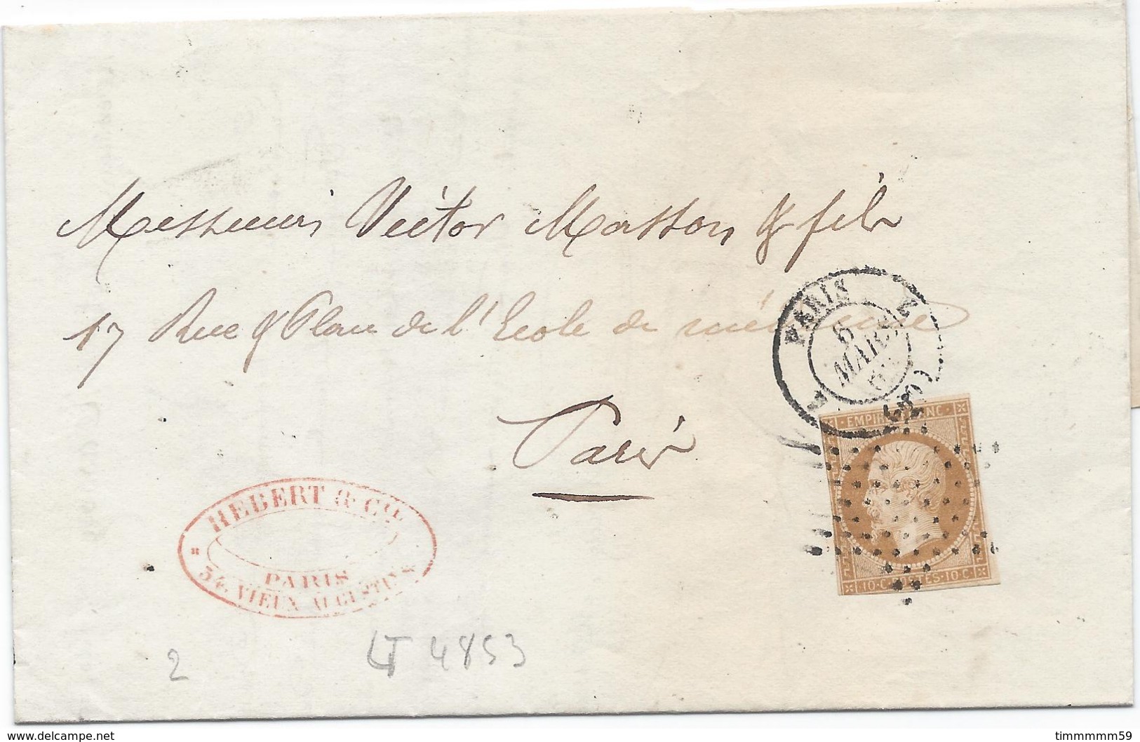 LT4853 N°13B/Lettre Sans Courrier, Oblit étoile Muette De PARIS Pour PARIS - 1853-1860 Napoléon III