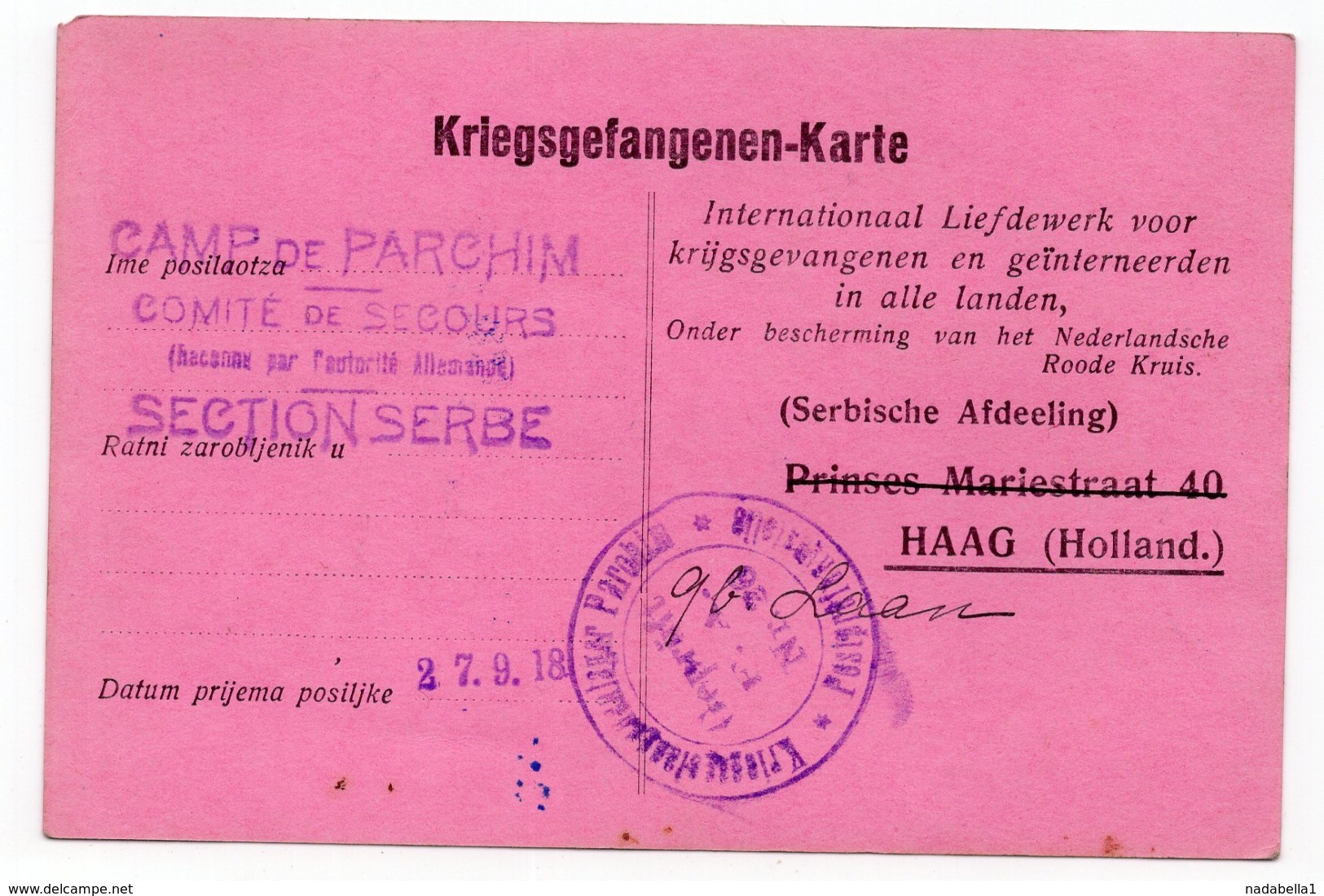 21.09.1918. WWI, GERMANY, CAMP DE PARCHIM TO HAAG, HOLLAND, POW WWI, RED CROSS SERBIAN SECTION HAAG - Covers & Documents