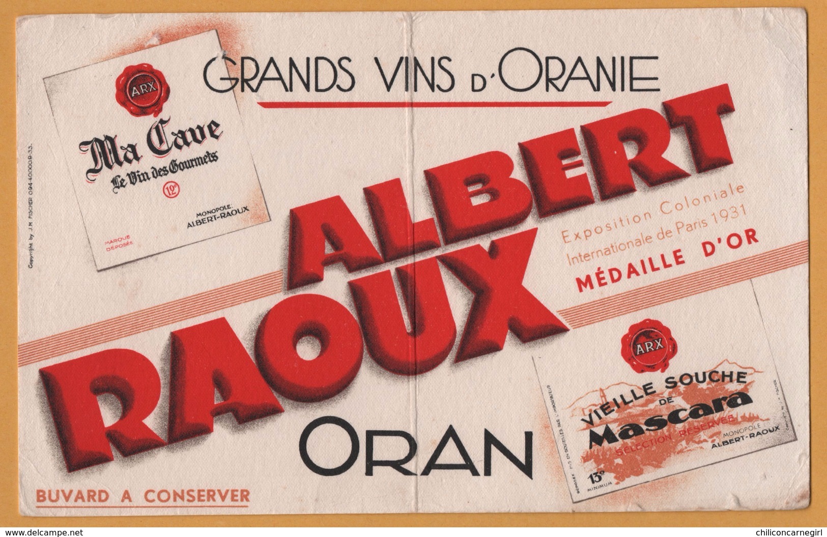 BUVARD Illustré - BLOTTING PAPER - ALBERT RAOUX - Oran - Médaille D'or - Grands Vins D'Oranie - V