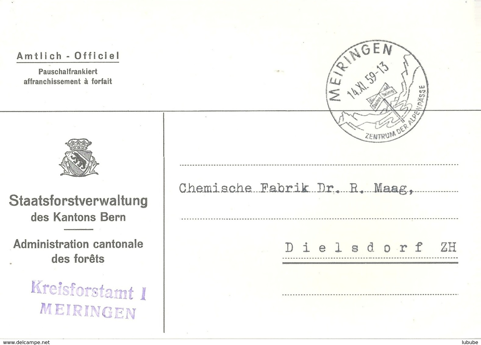 Motiv Karte  "Kreisforstamt, Meiringen"          1959 - Covers & Documents