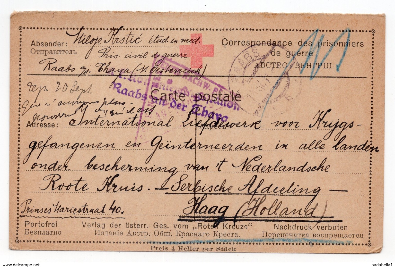 1917 WWI, AUSTRIA, RAABS AN DER THAYA, SERBIAN POW CARD SENT TO  HAAG, HOLLAND, CENSORED - Storia Postale