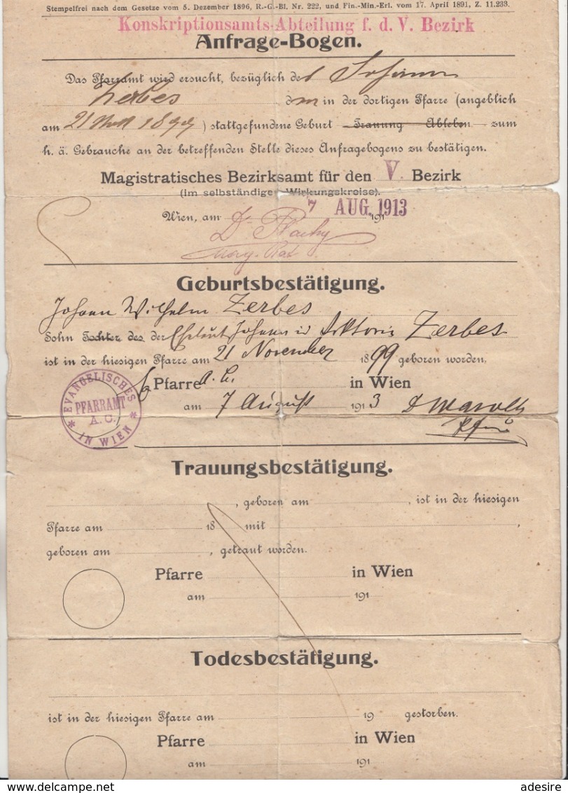 Anfrage-Bogen Der Konskriptionsamts-Abteilung F.d. V. Bezirk 1913, Dokument Gefaltet, Gebrauchsspuren - Historische Dokumente