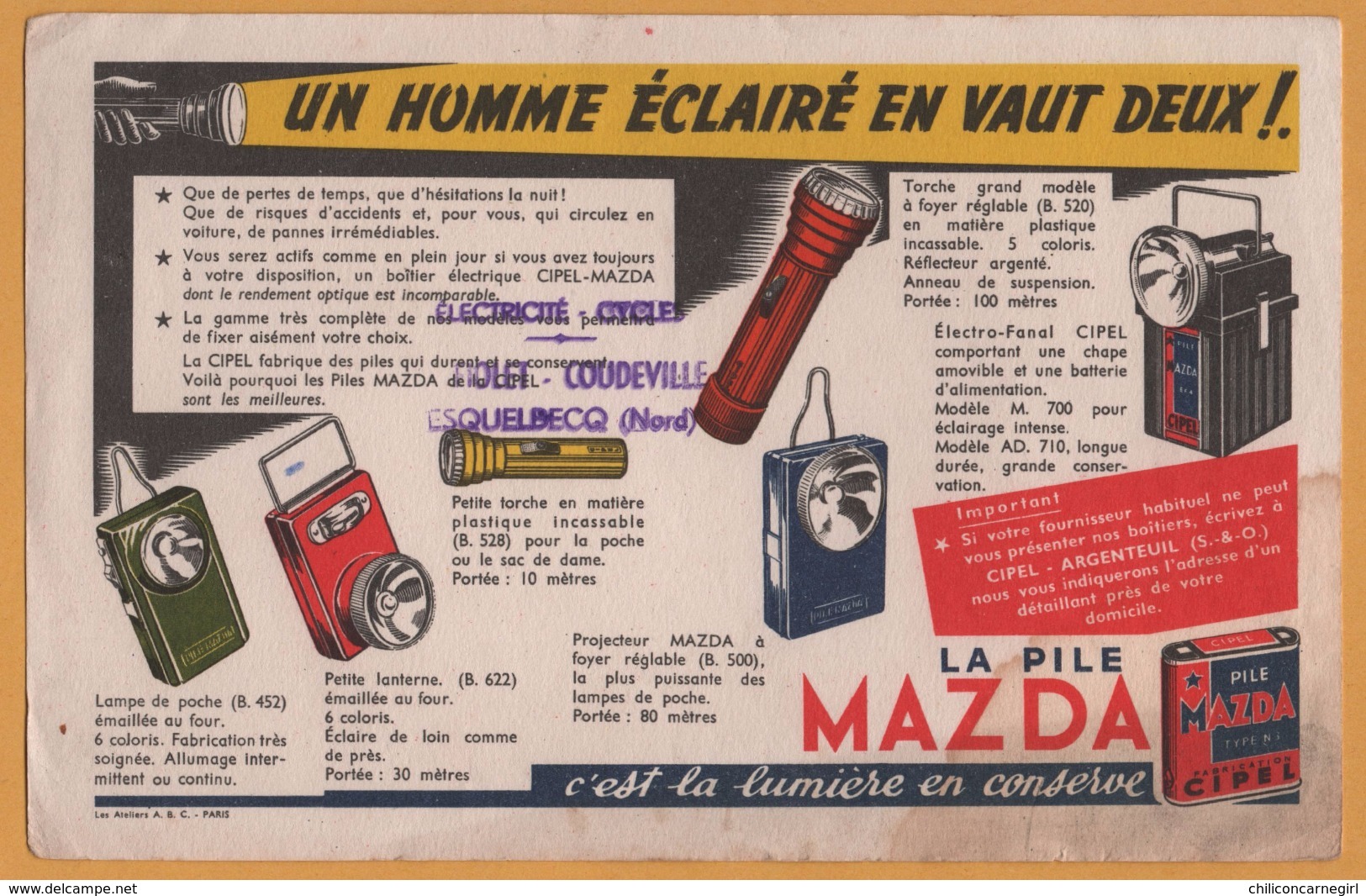 BUVARD Illustré - BLOTTING PAPER - Pile MAZDA - Un Homme .. Vaut Deux - Electricité Cycles HOUET COUDEVILLE Esquelbecq - Piles