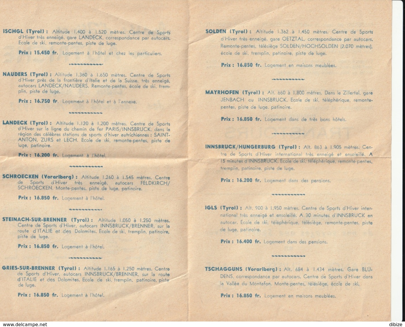 Programme De Voyage Aux Sports D'Hiver En Autriche. Train De Neige Des Vacances De Noël 1955. Excursion. Tarif. - Programas