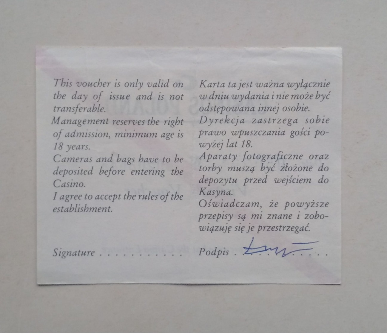 Casinos Poland Pologne Warsaw Varsovie Visitor's Voucher Casino Card Carte De Casino 1991 - Casino Cards