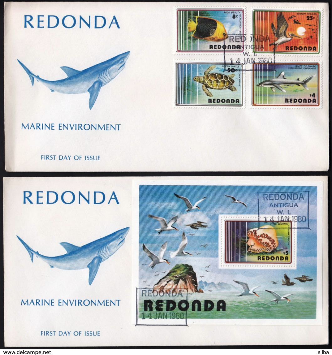 Redonda 1980 / Marine Life / Fish Rock Beauty, White Tip Shark, Green Turtle, Brown Pelican, Snail Little Leopard - Vita Acquatica