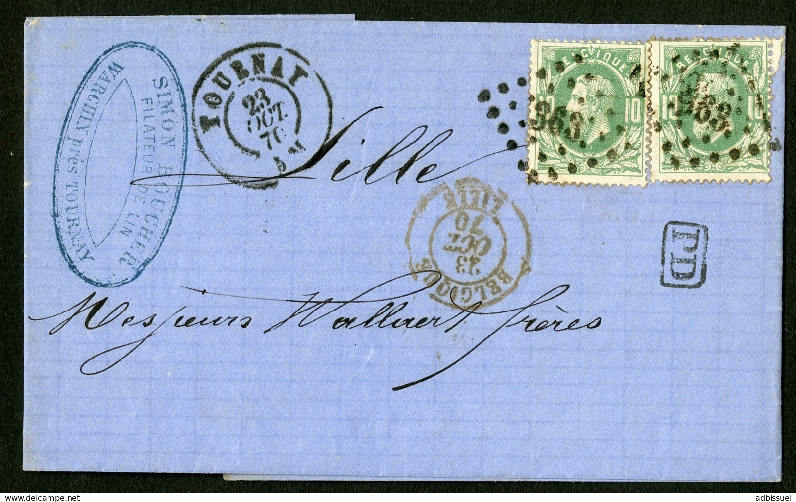 BELGIQUE 1870 TARIF FRONTALIER N° 30 Obl. Pc "363" + C-à-d "TOURNAY 23/10/70" + "PD". Lettre Datée De Warchin - 1869-1883 Léopold II