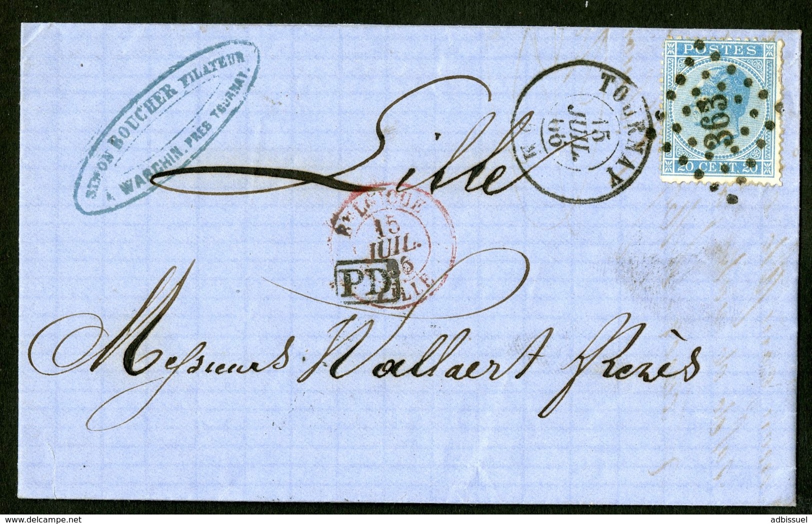 BELGIQUE 1866 TARIF FRONTALIER N° 18 Obl. Pc "363" + C-à-d "TOURNAY 15/07/66" + "PD". Lettre Datée De Warchin - 1865-1866 Profiel Links
