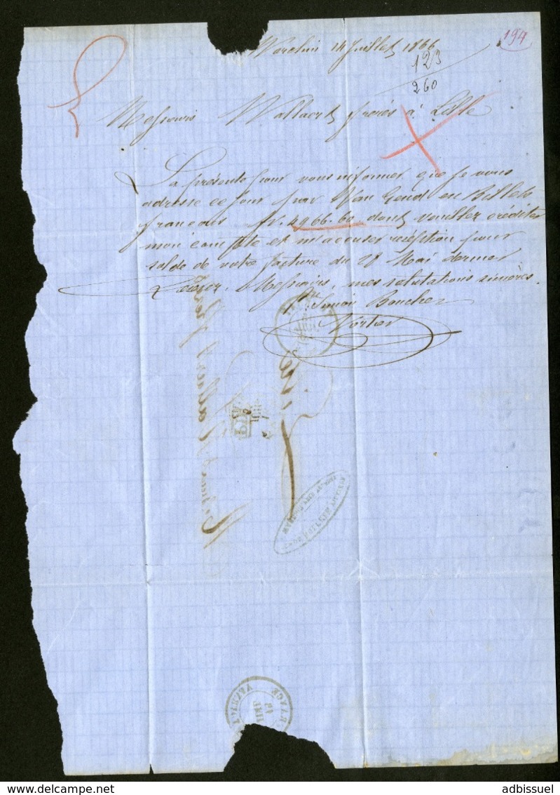 BELGIQUE 1866 TARIF FRONTALIER N° 18 Obl. Pc "363" + C-à-d "TOURNAY 15/07/66" + "PD". Lettre Datée De Warchin - 1865-1866 Profil Gauche