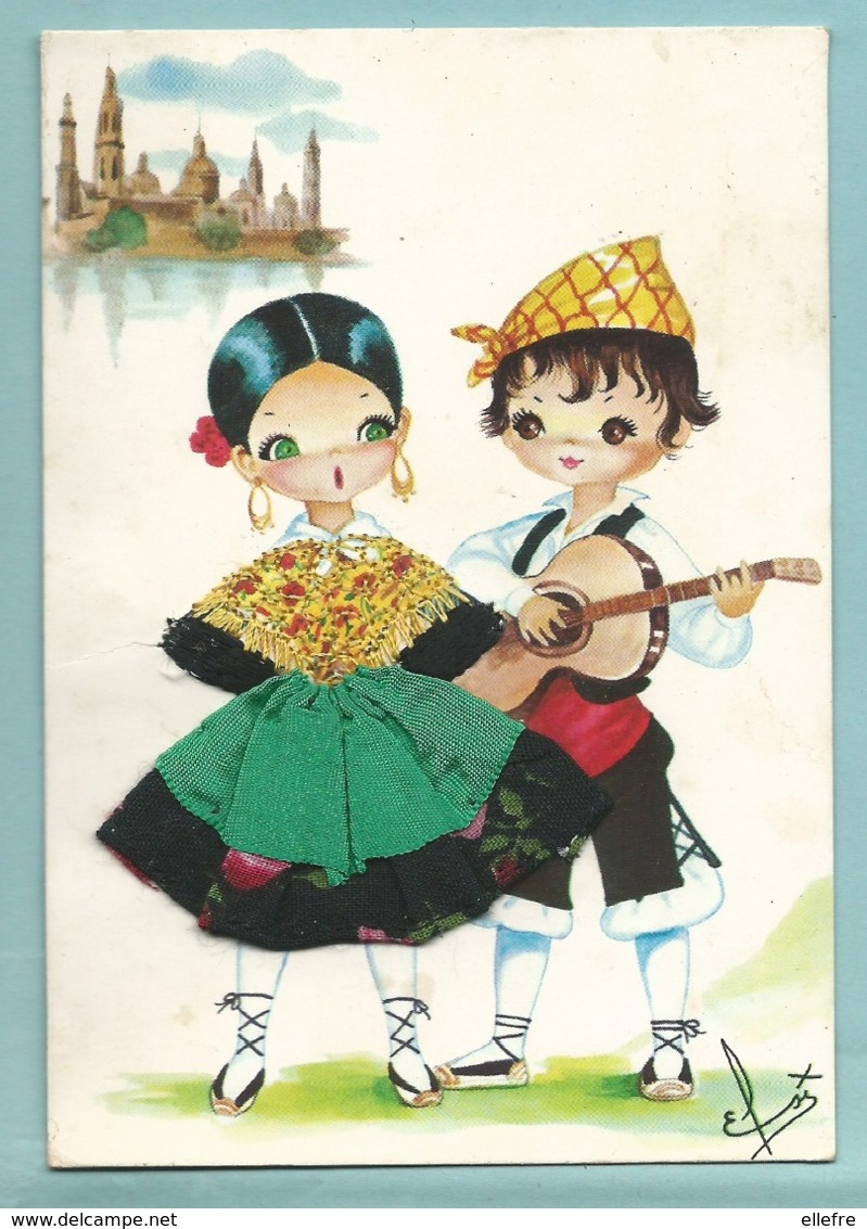 Carte Brodée Couple Folklore Basque Guitare Espadrille Illustrateur Elsi écrite - Ricamate