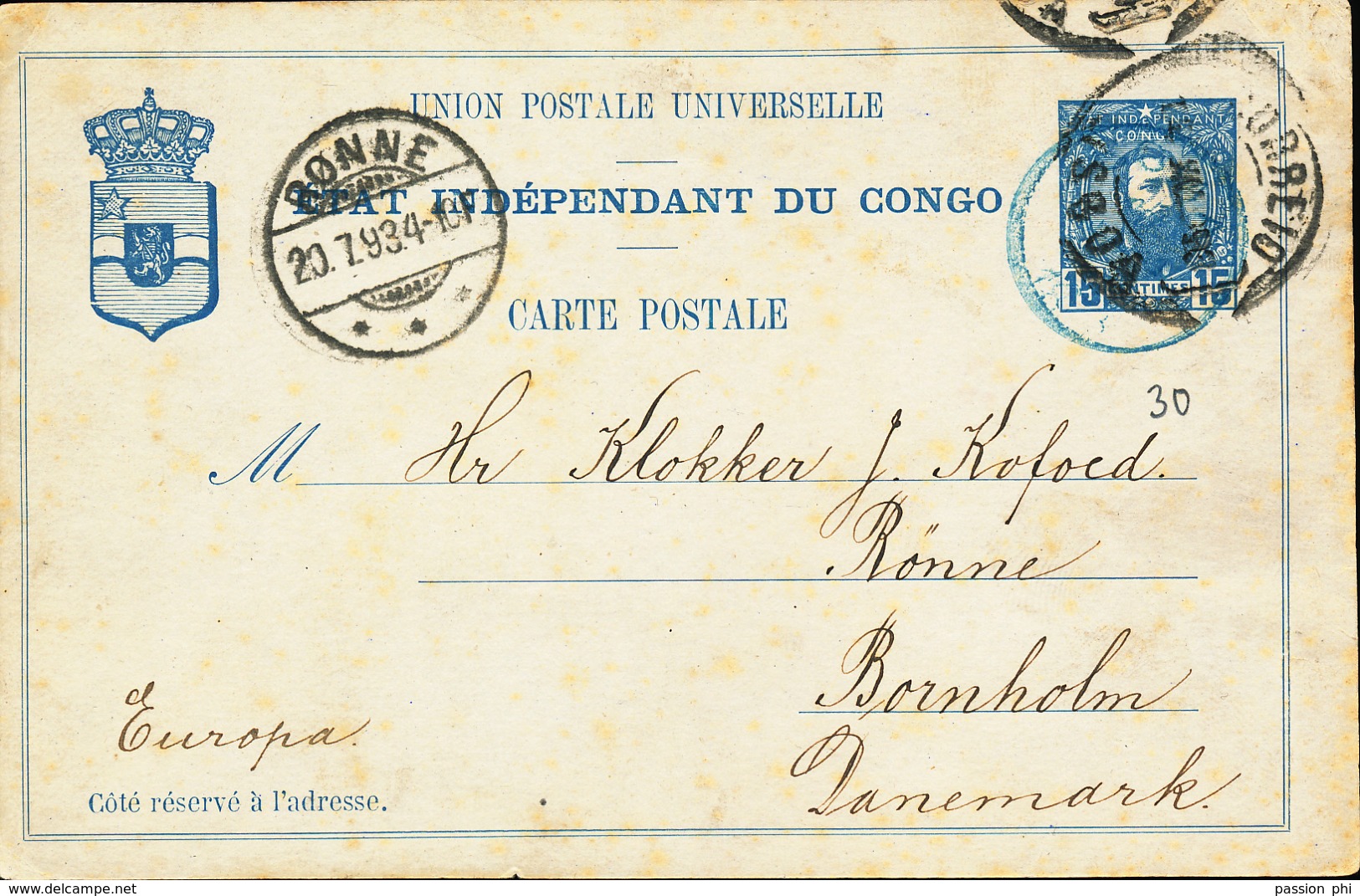 BELGIAN CONGO PS STIBBE 11 FROM BOMA 28.05.1893 VIA LISBOA TO BORNHOLM  ISLAND  DANEMARK ARRIVAL - Entiers Postaux