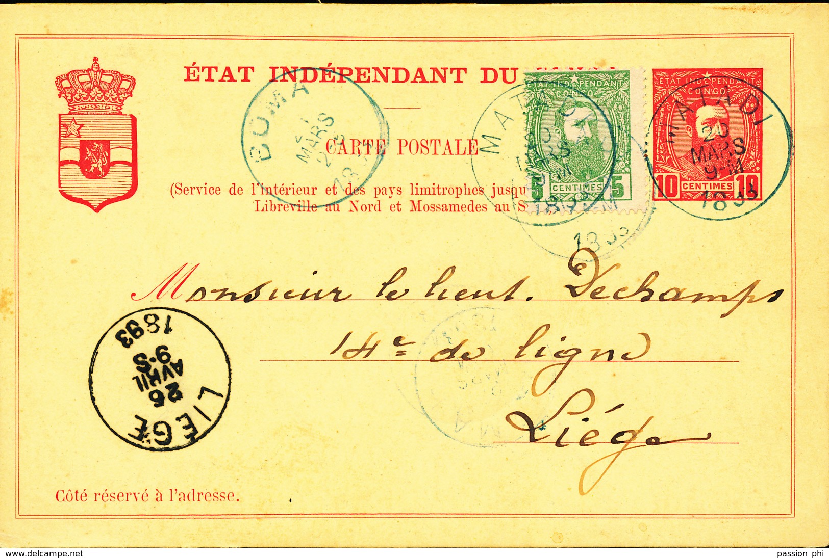 BELGIAN CONGO PS STIBBE 10B FROM MATADI 20.03.1893 TO LIEGE - Enteros Postales