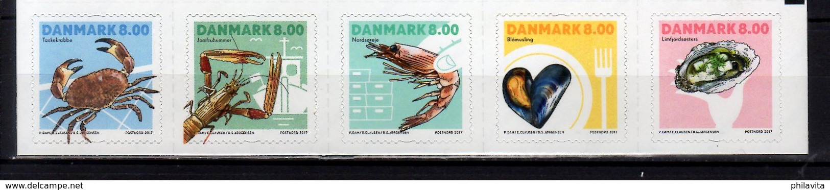 2017 Denmark - Shellfish, Crabs, Oesters, Shrimps, Mussels 5v Set MNH** MiNr. 1909 - 1913 Food, Sea Life, Ships, - Nuovi