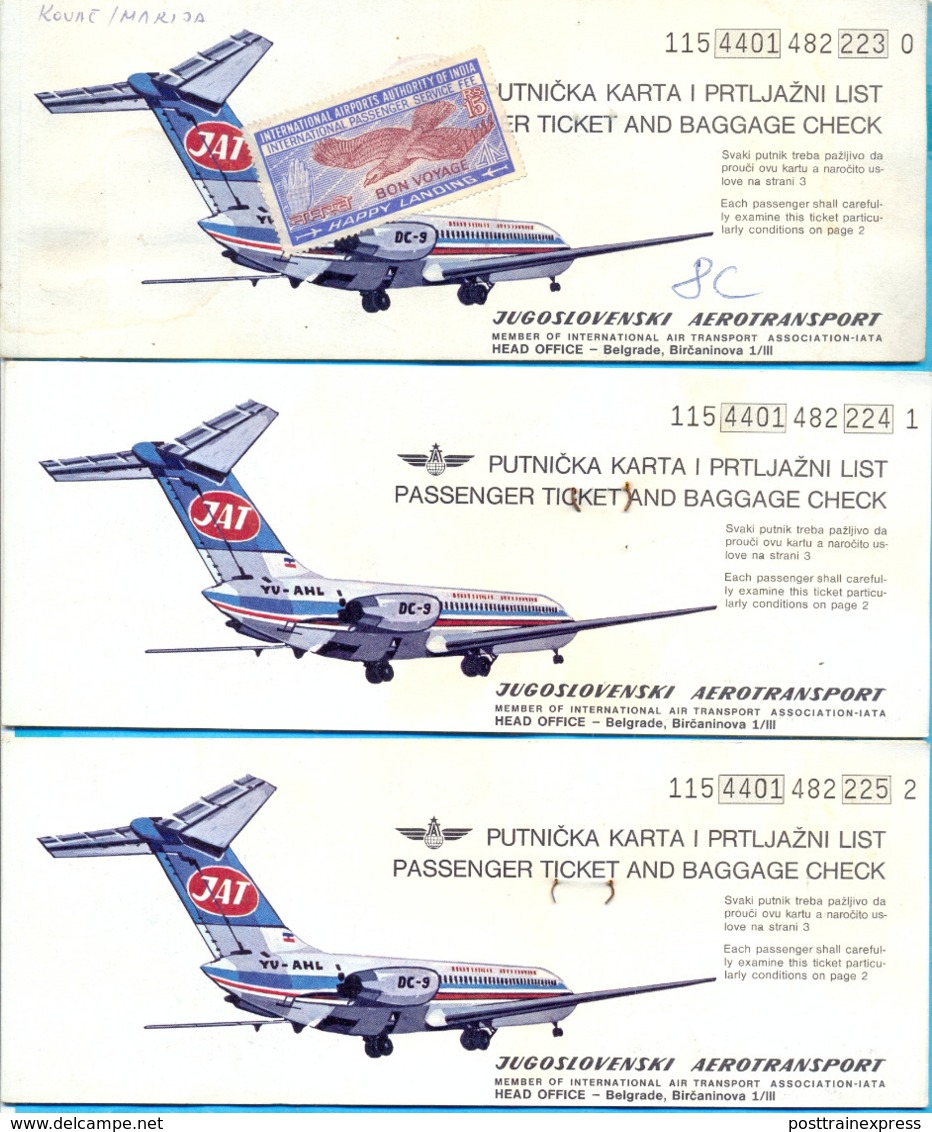 EX.YU. The 3 JAT Tickets For Travel Around The World -  08.11.1974 - 29.11.1974. - Biglietti