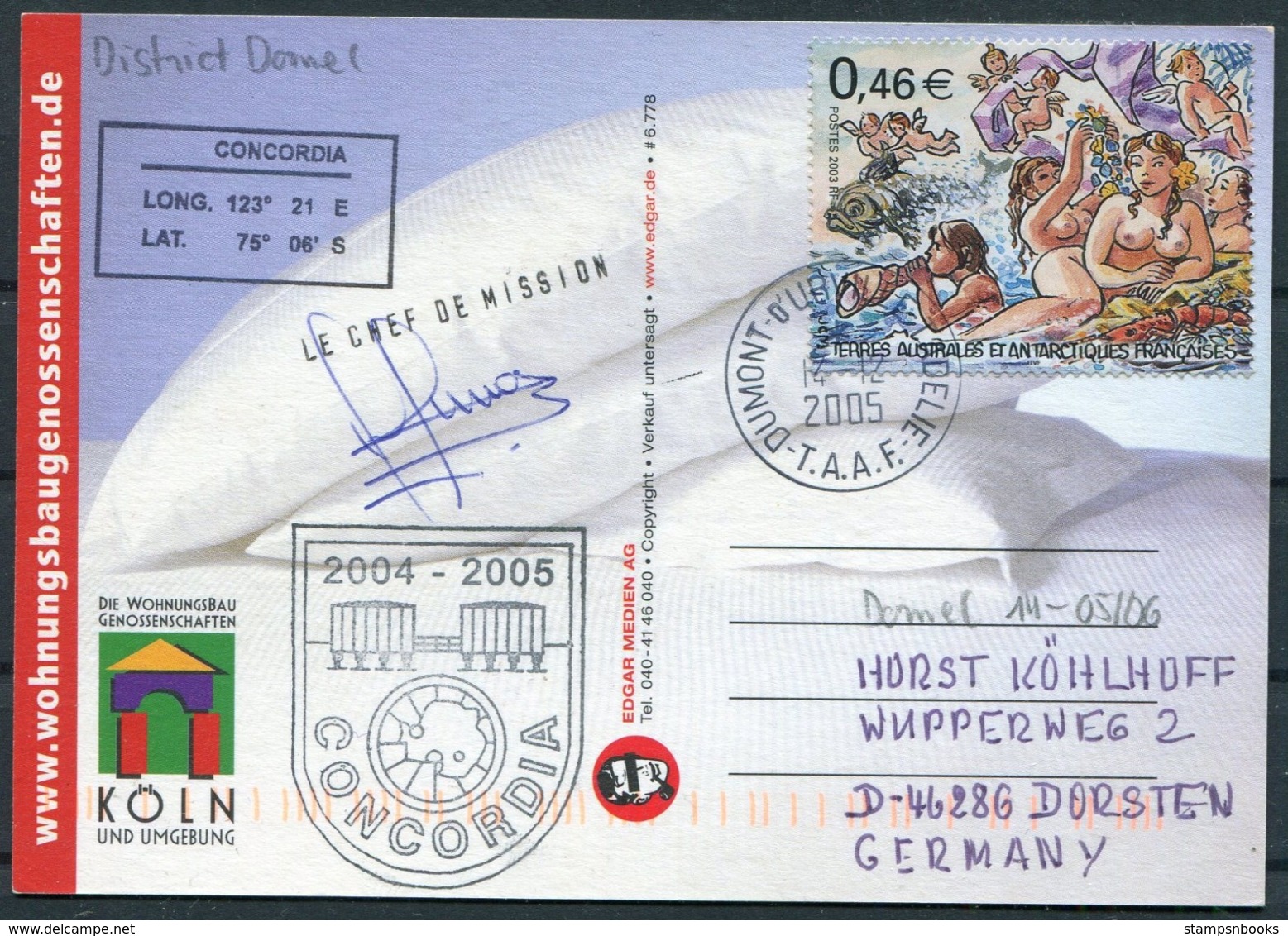 2005 T.A.A.F. French Antarctica Dumont D'Urville Polar Postcard. CONCORDIA Station Signed - Covers & Documents