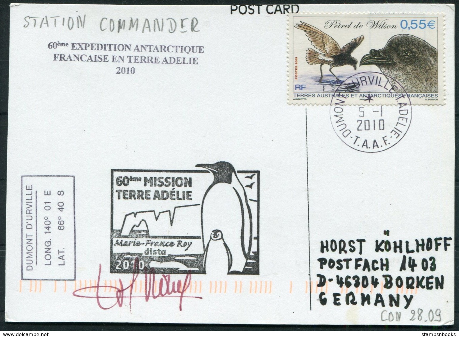 2010 T.A.A.F. French Antarctica Dumont D'Urville Polar Postcard. Signed Expedition Penguin - Covers & Documents