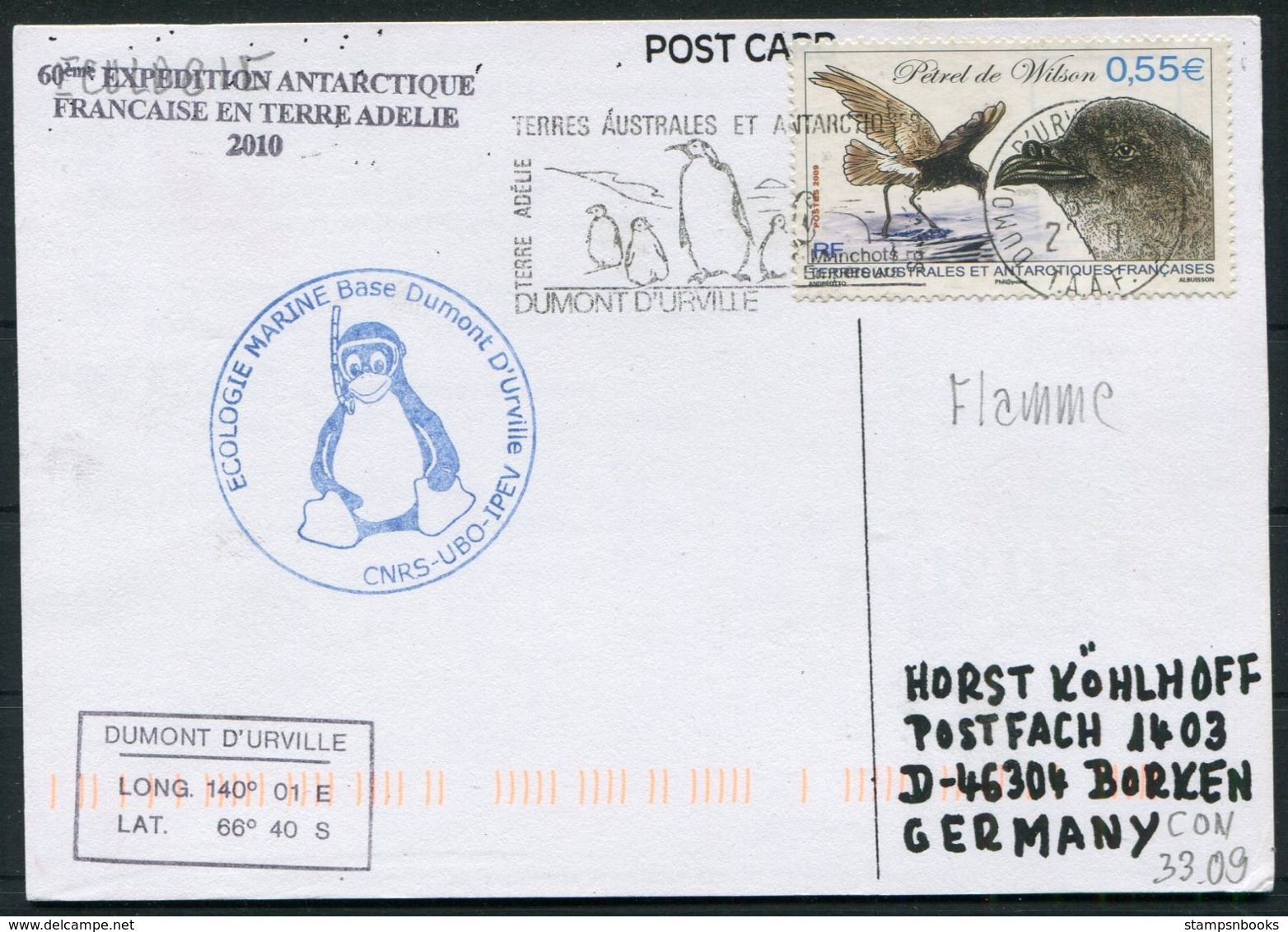 2010 T.A.A.F. French Antarctica Dumont D'Urville Polar Postcard. Terre Adelie Expedition Penguin - Covers & Documents