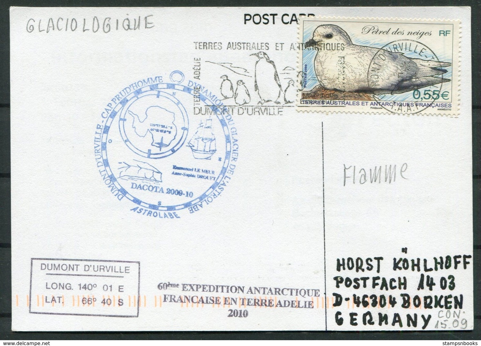 2010 T.A.A.F. French Antarctica Dumont D'Urville Polar Postcard. Terre Adelie Expedition Penguin - Covers & Documents