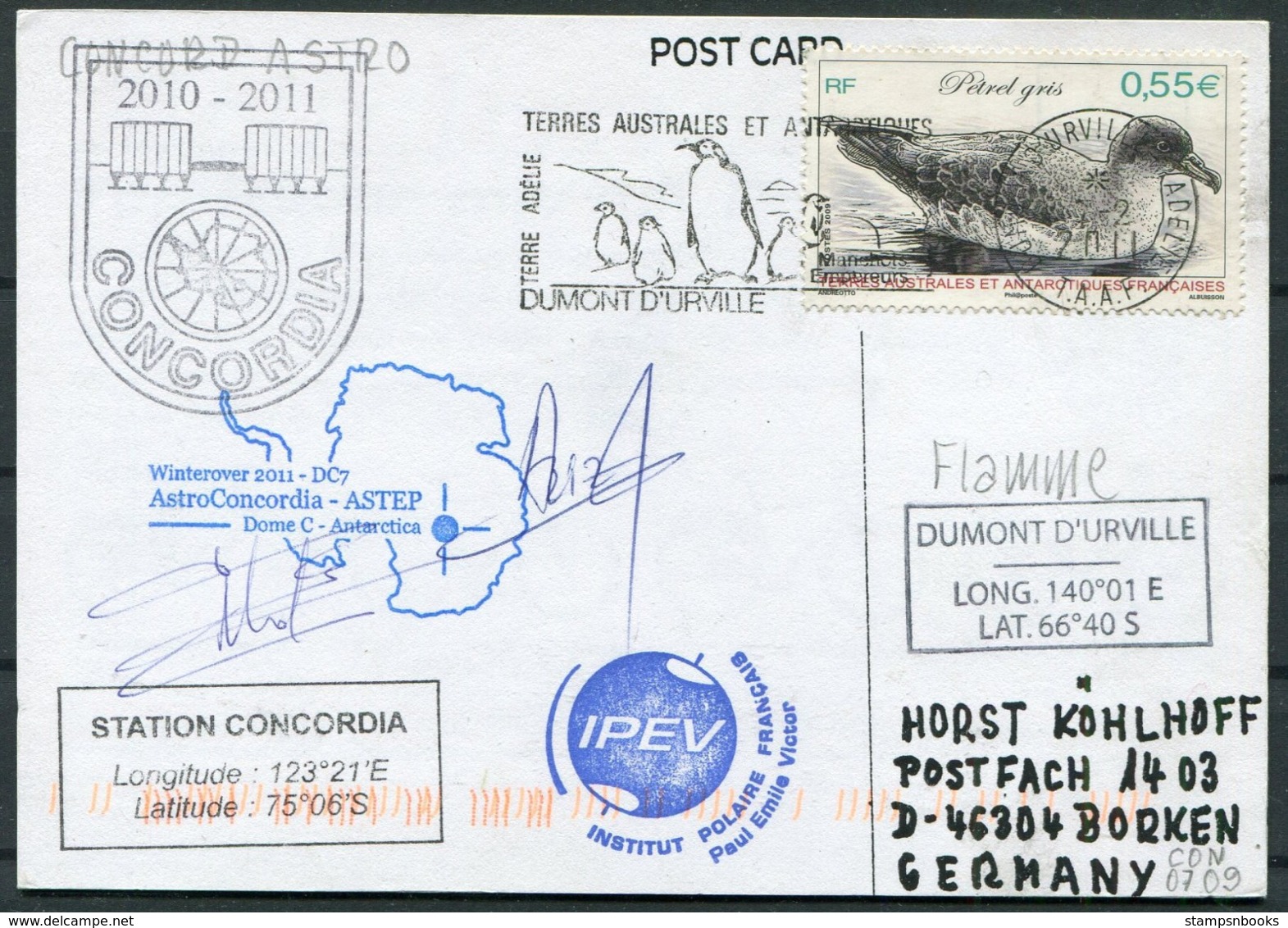 2011 T.A.A.F. French Antarctica Dumont D'Urville Polar Postcard. Whale Penguin CONCORDIA Signed - Covers & Documents