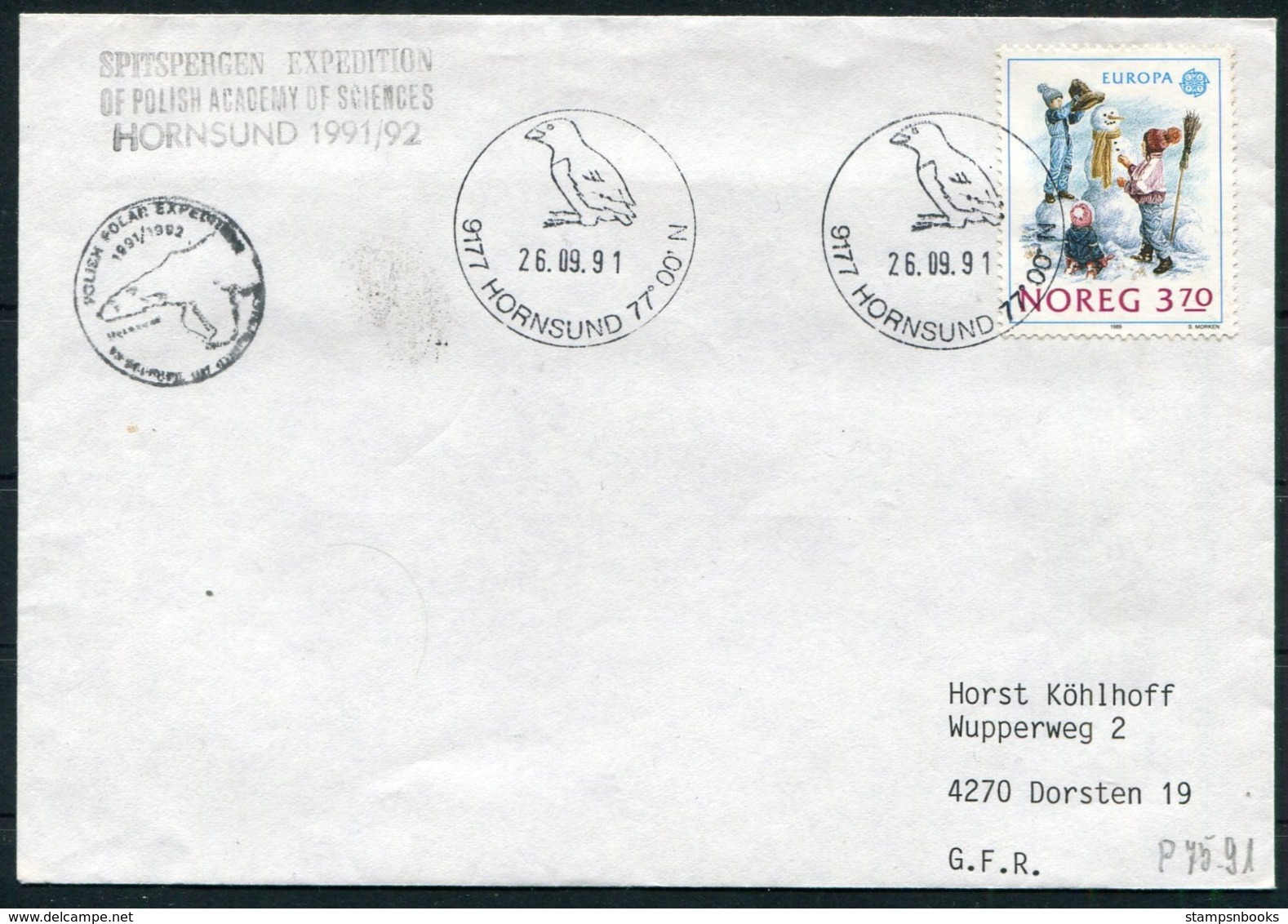 1991 Norway Spitsbergen Hornsund Arctic Polish Expedition Polar Bear Cover. Europa - Covers & Documents