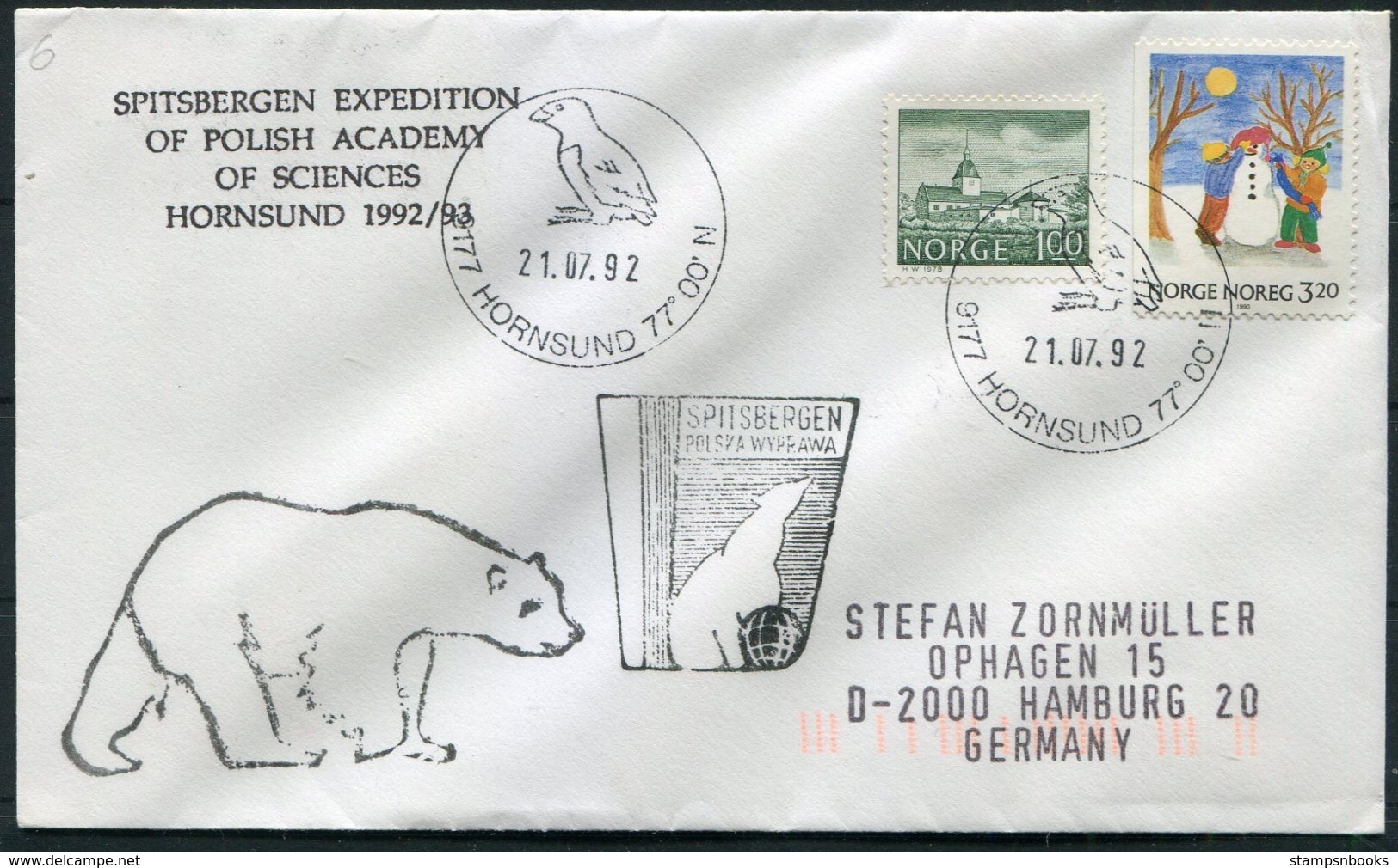 1992 Norway Spitsbergen Hornsund Arctic Polish Expedition Polar Bear Cover. - Covers & Documents